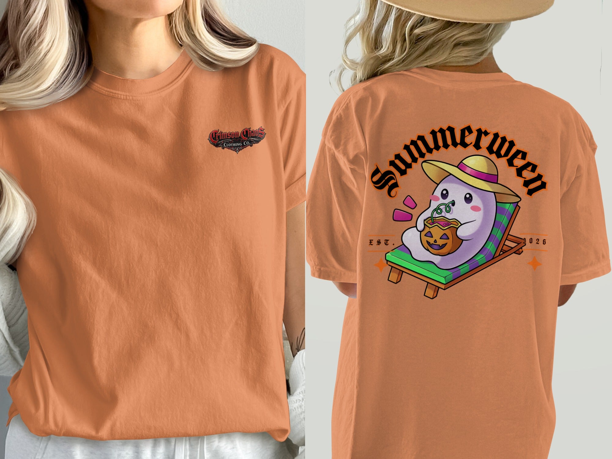 Orange t-shirt with Crimson Chaos logo on left, and a ghost on beach chair with "Summerween" text on right.