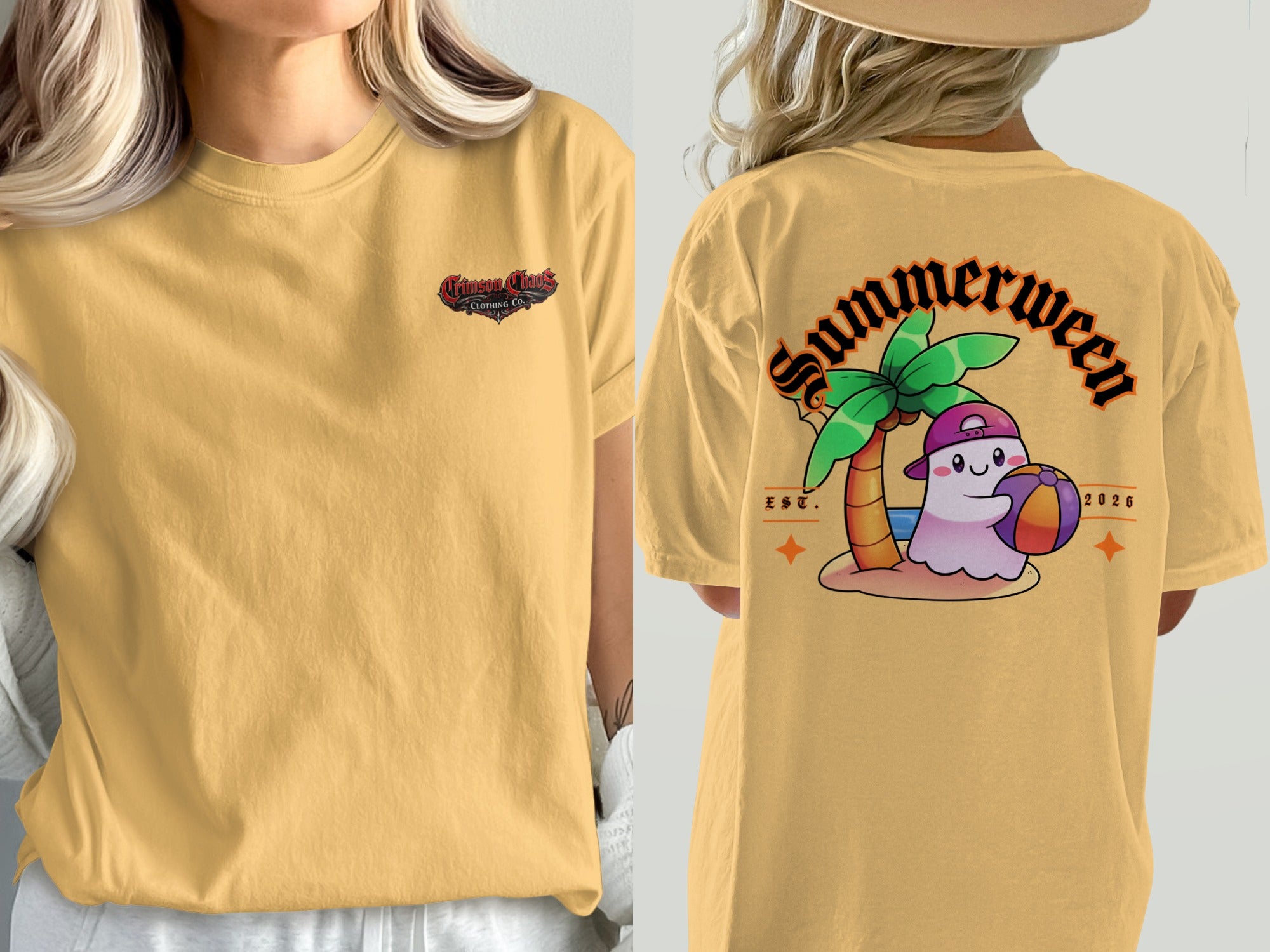 Yellow t-shirt with "Summerween" graphic and "Crimson Chaos Clothing Co." logo.
