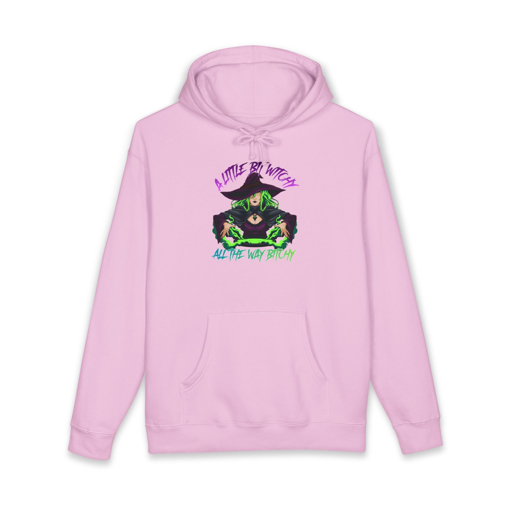 Pink hoodie with a witch graphic and text "A Little Bit Witchy All The Way Bitchy".