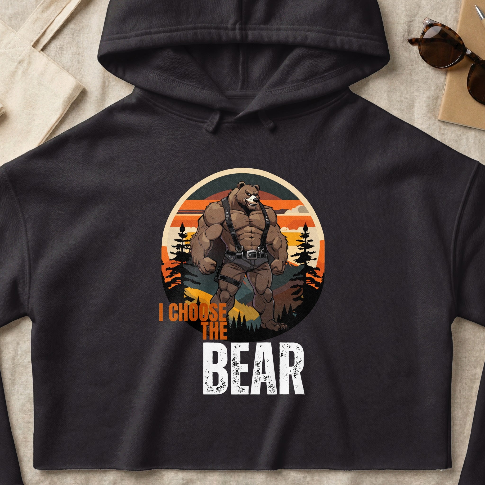 Black hoodie with "I Choose The Bear" text and a muscular bear graphic.