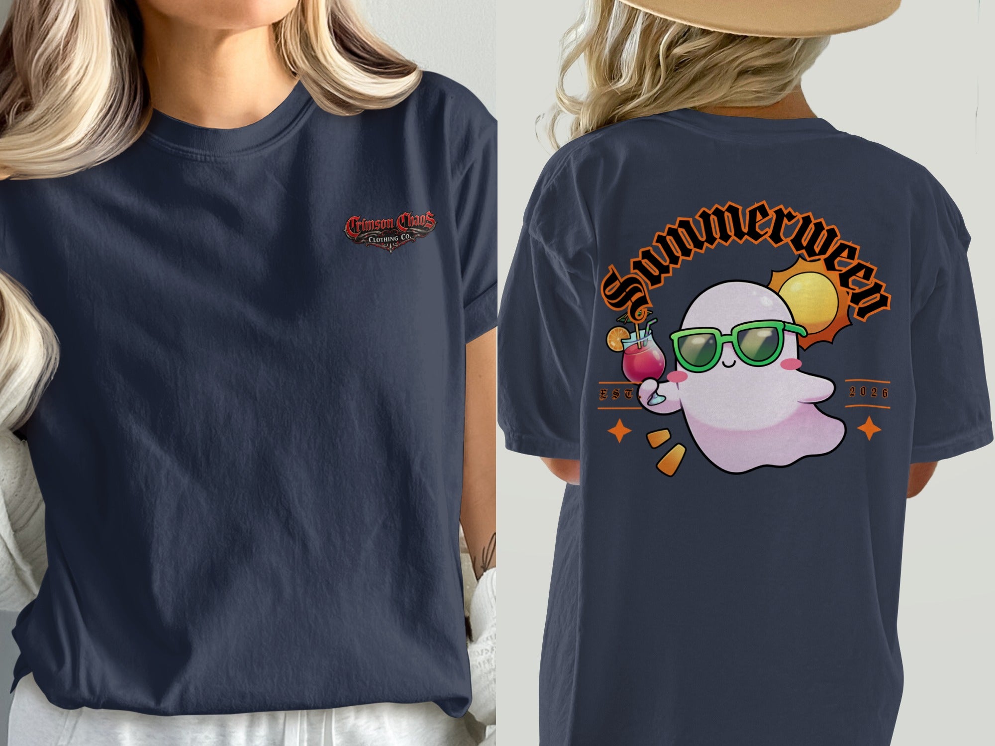 Navy t-shirt with Crimson Chaos Clothing Co. on front and ghost with sunglasses on back.