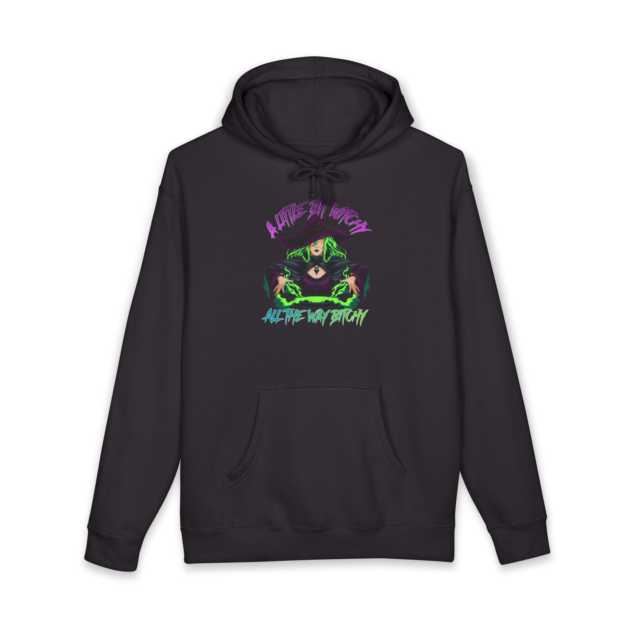 Black hoodie with a witch graphic that reads "A Little Bit Witchy" and "All The Way Bitchy".