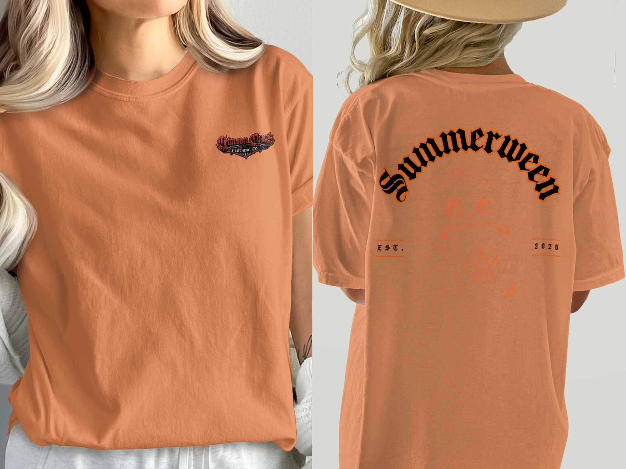 Orange t-shirt with "Summerween" text and graphic on back, "Crimson Chaos" on front.