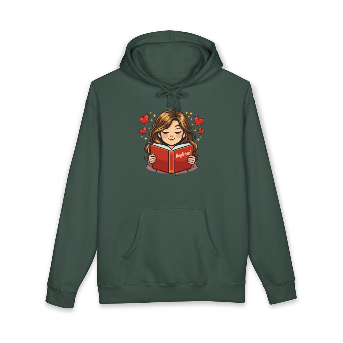 Cozy Green Hoodie with Cute Girl Reading Boyfriend Book