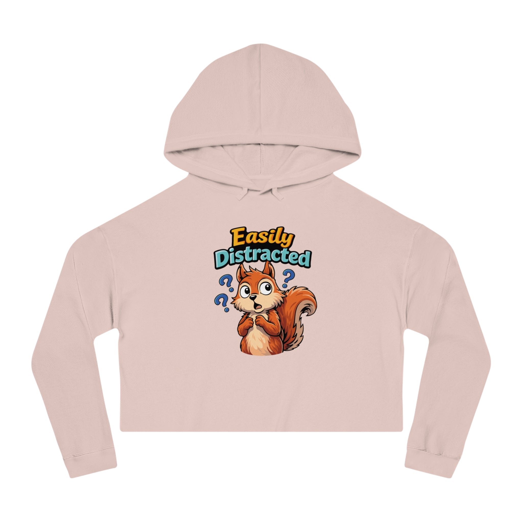 Cropped pink hoodie with cartoon squirrel and "Easily Distracted" text.