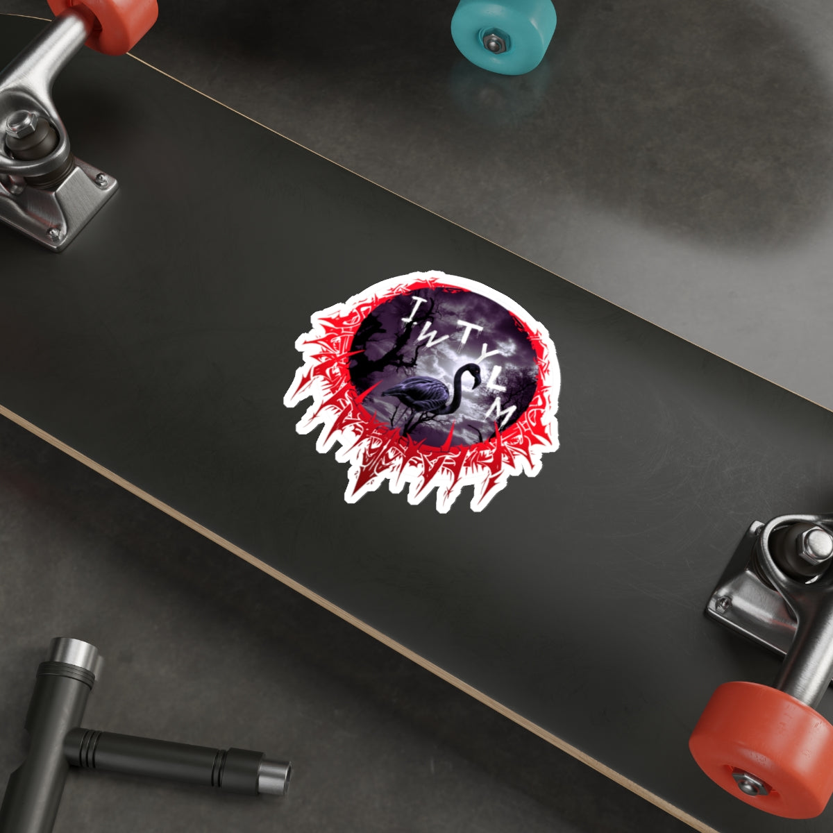 Unique Bird Emblem Sticker on Skateboard Deck Product