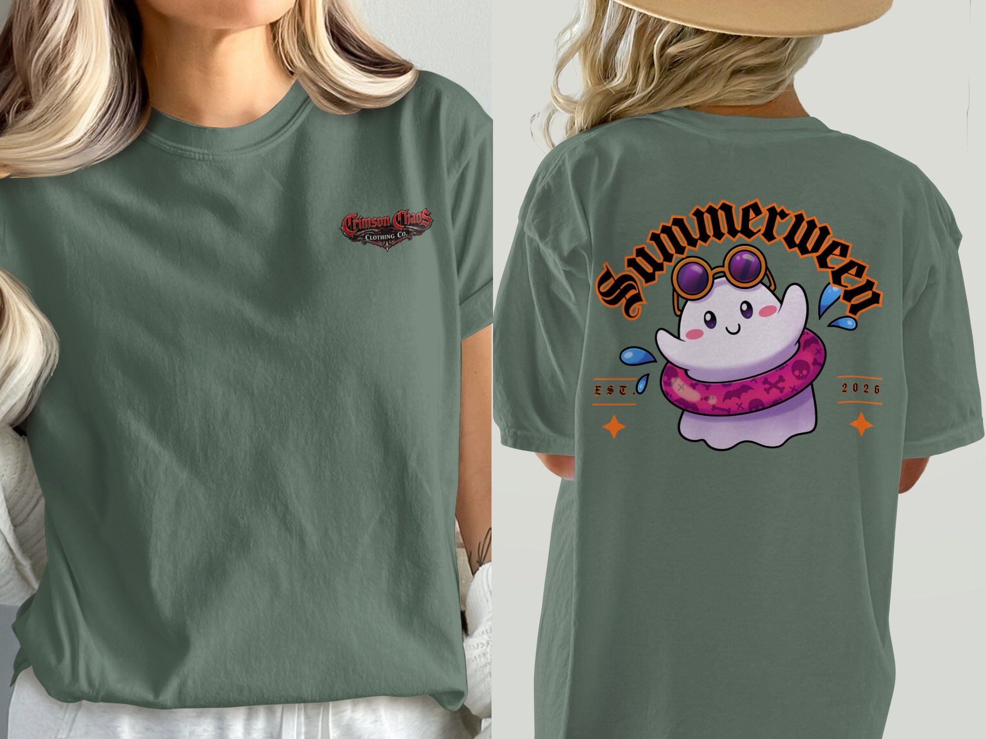 T-shirt with a cute ghost and "Summerween" text on the back.