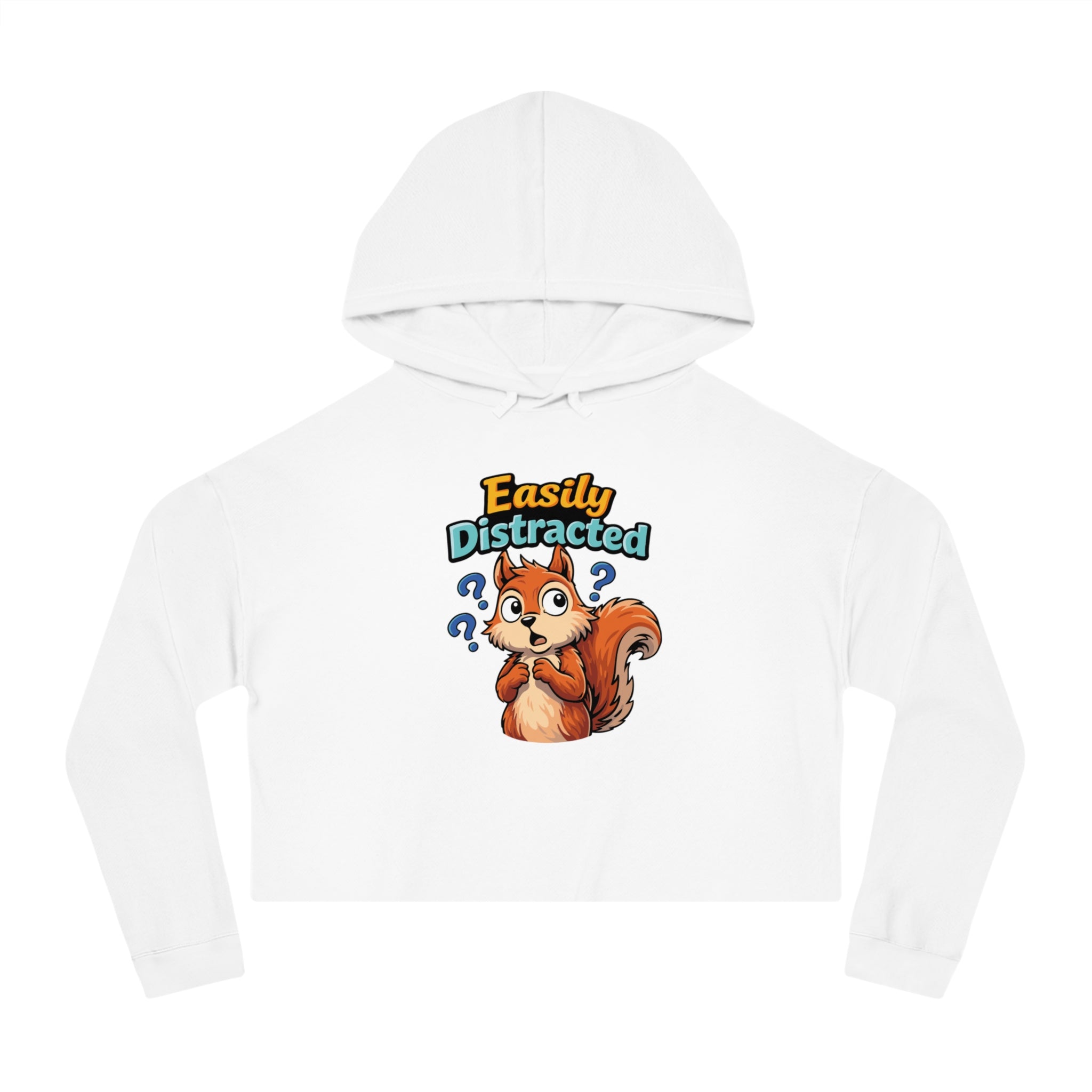 White cropped hoodie with a cartoon squirrel and "Easily Distracted?" text.