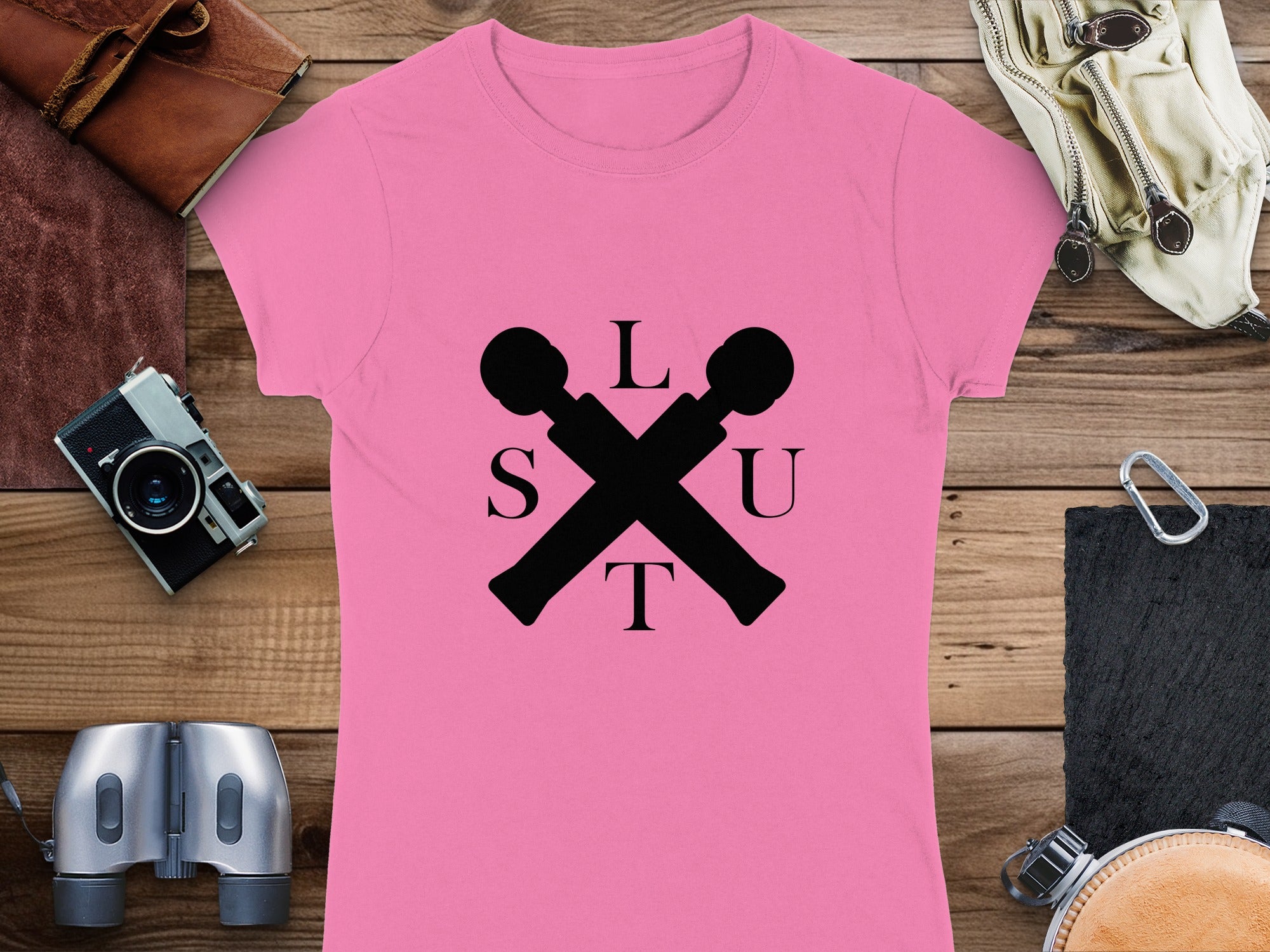 Pink T-Shirt with Microphone Crossed Letters Design