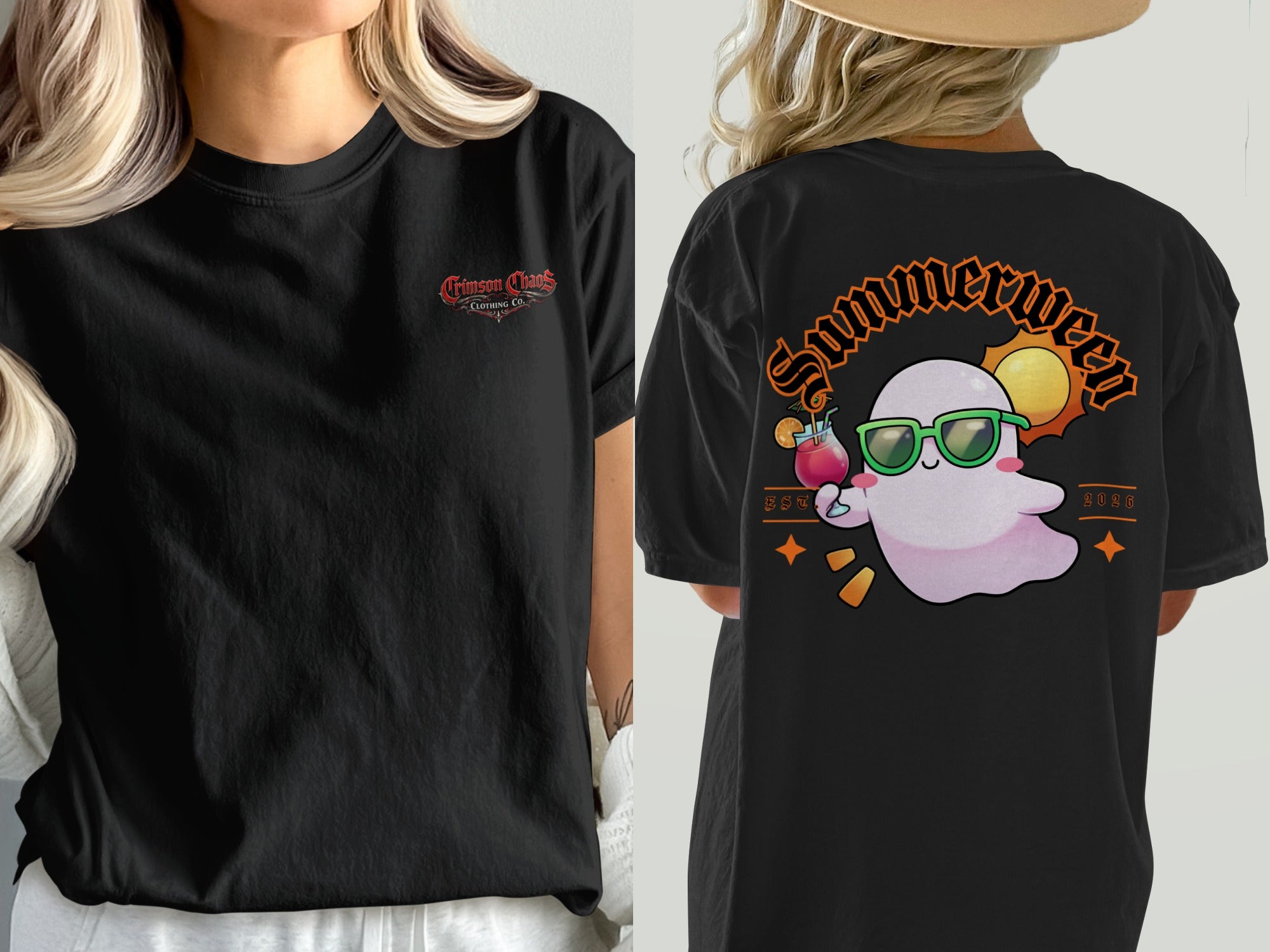 Black t-shirt with "Crimson Chaos Clothing Co." on the left and a ghost with sunglasses and drink on the right.