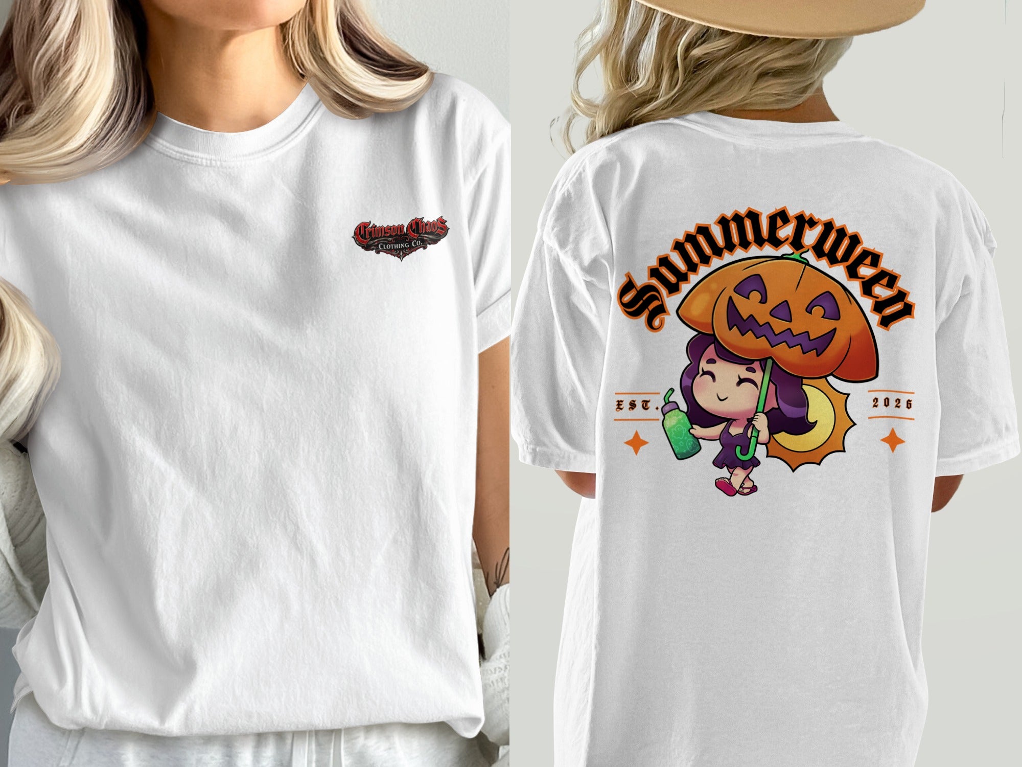 White t-shirt with "Crimson Chaos Clothing Co." on front and "Summerween" graphic on back.