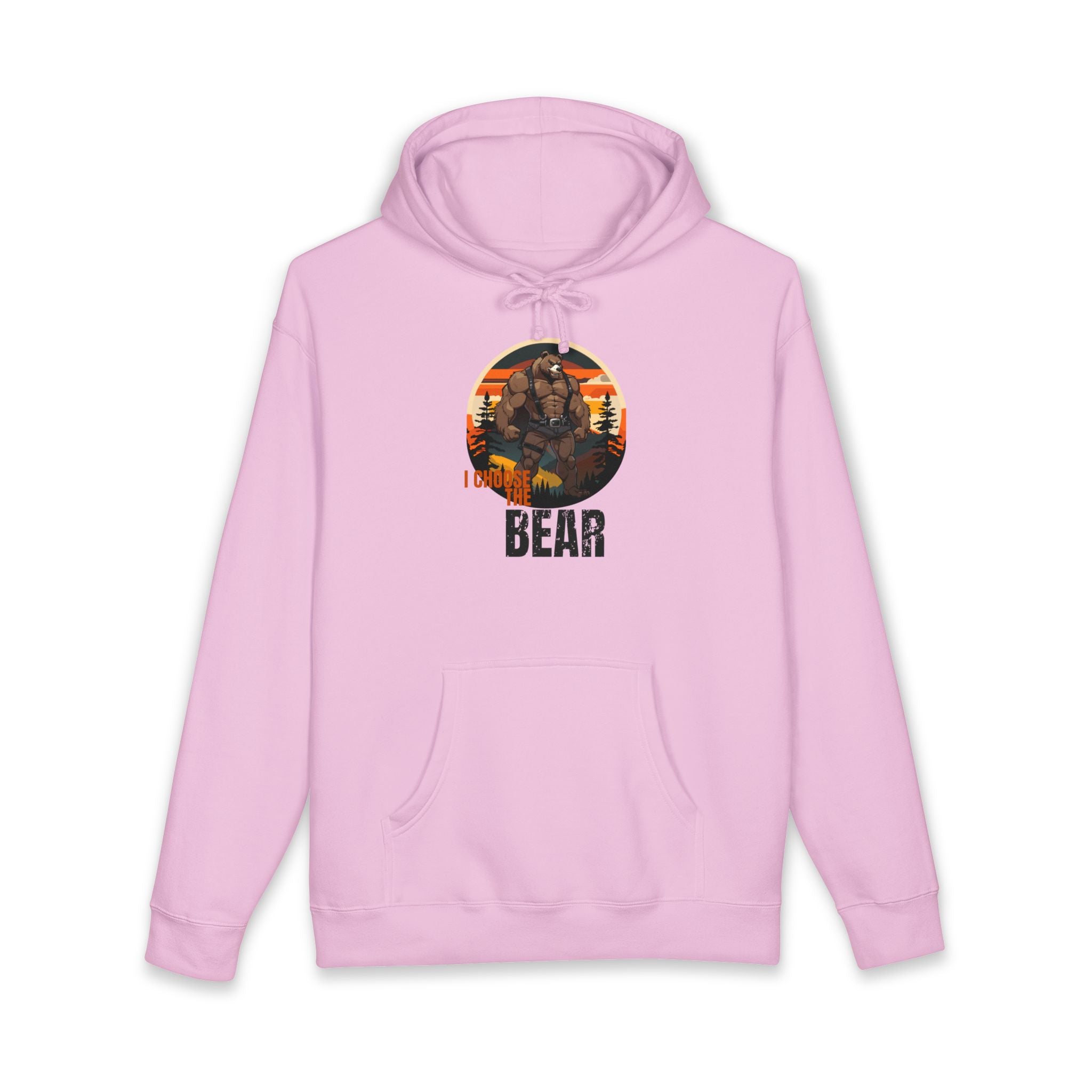 Pink hoodie with a graphic of a bear in a forest, reading "Bear".