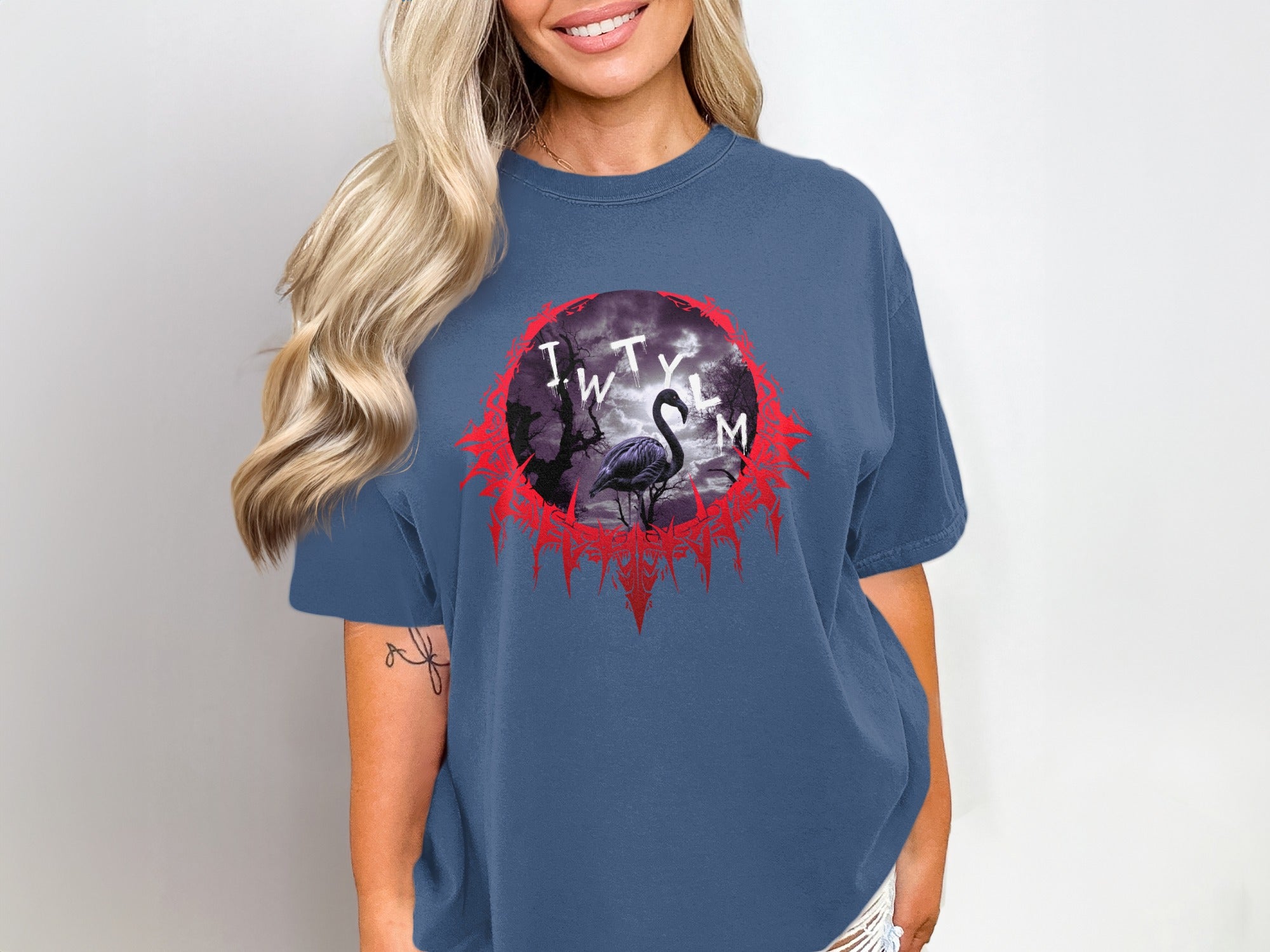 Stylish Blue Graphic Tee with Bold Red Design