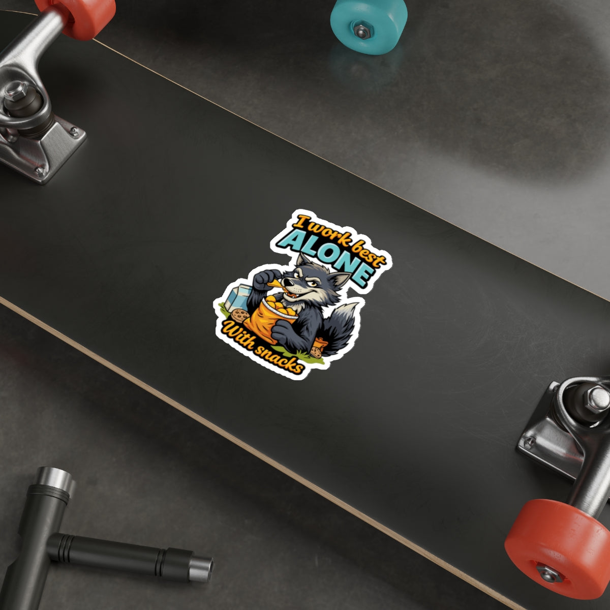 I Work Best Alone With Snacks Skateboard Sticker