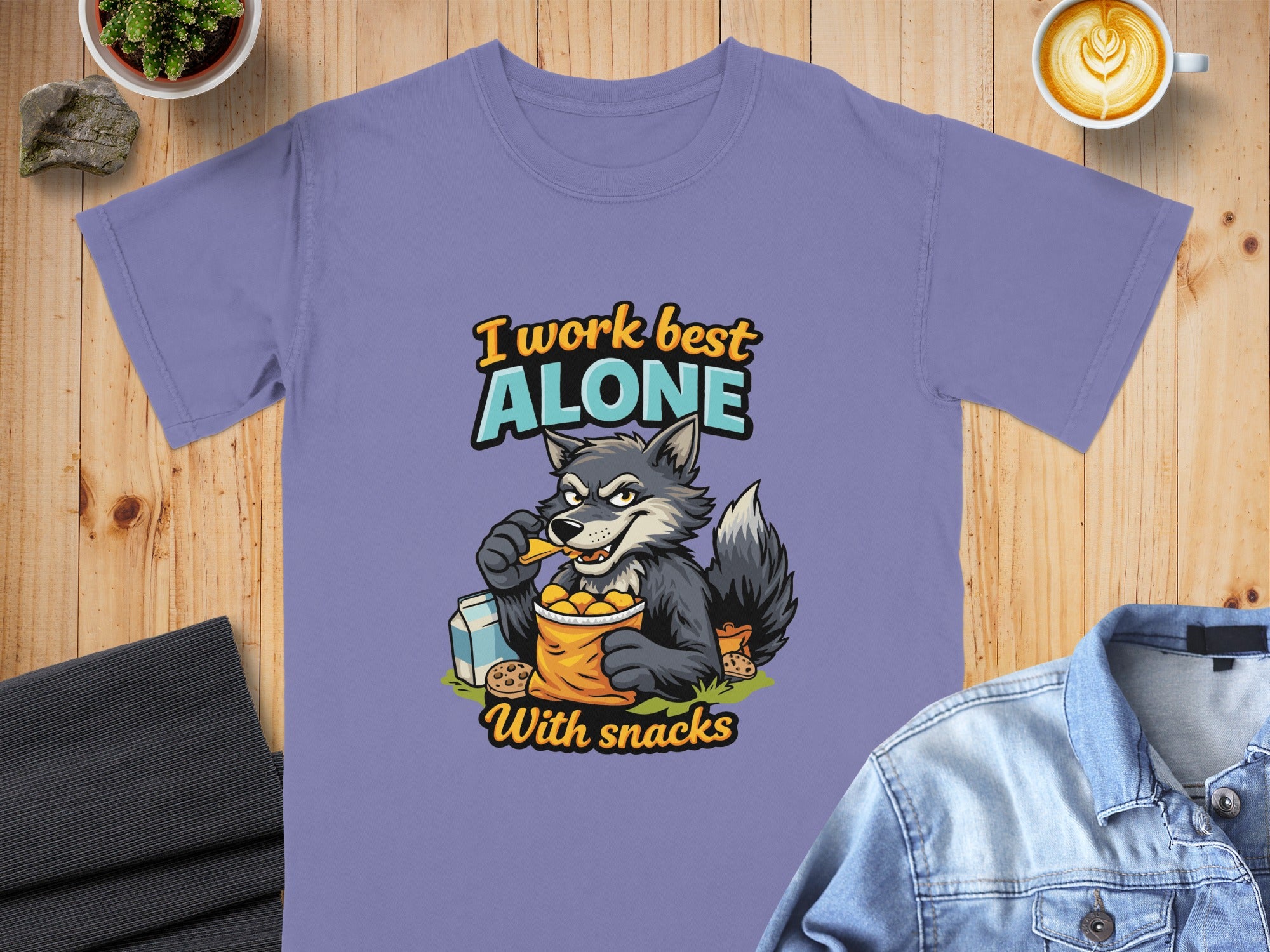 I Work Best Alone With Snacks Wolf Graphic T-shirt