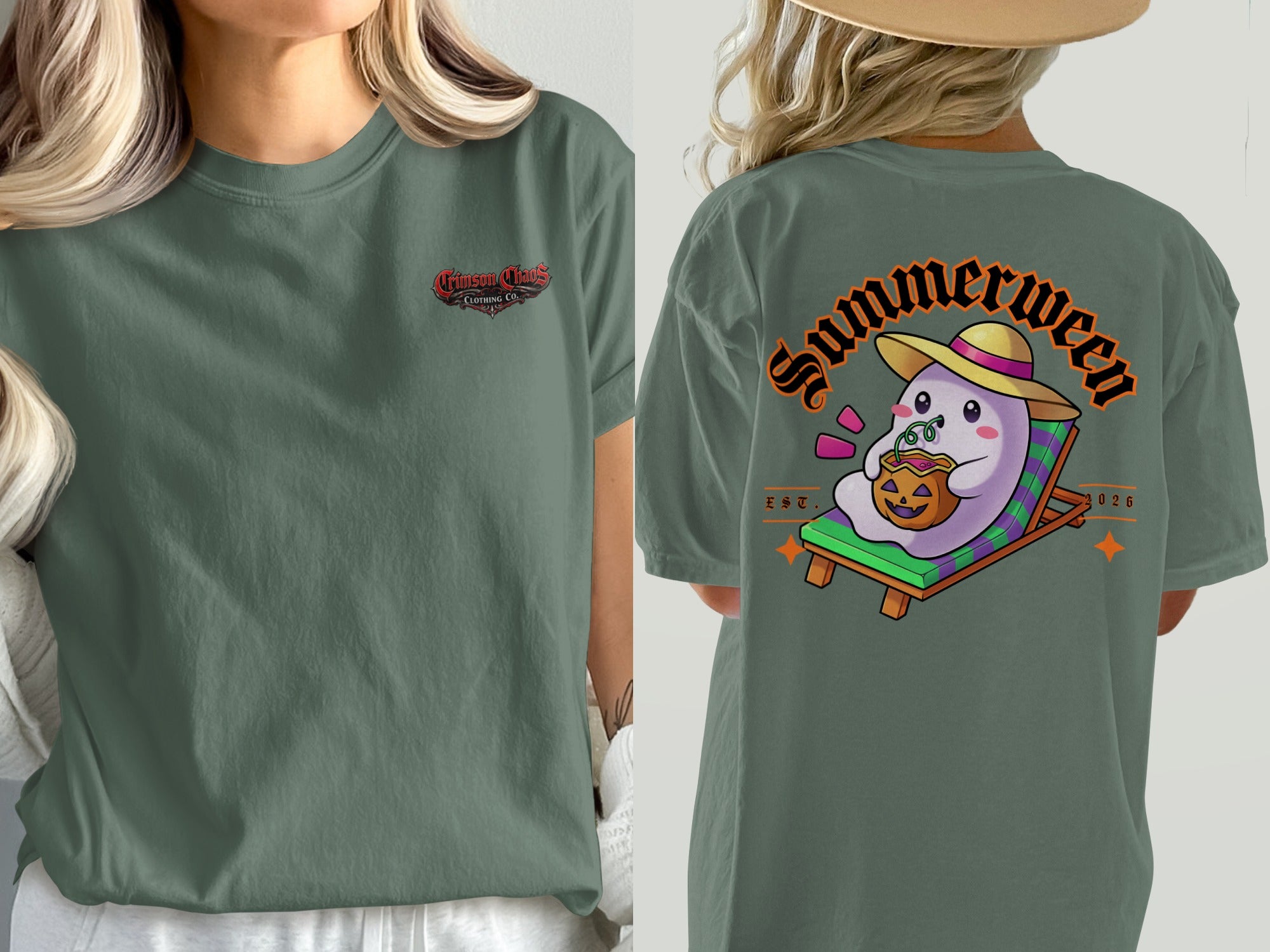 Green t-shirt with Crimson Chaos Clothing Co. logo on front and Summerween ghost graphic on back.