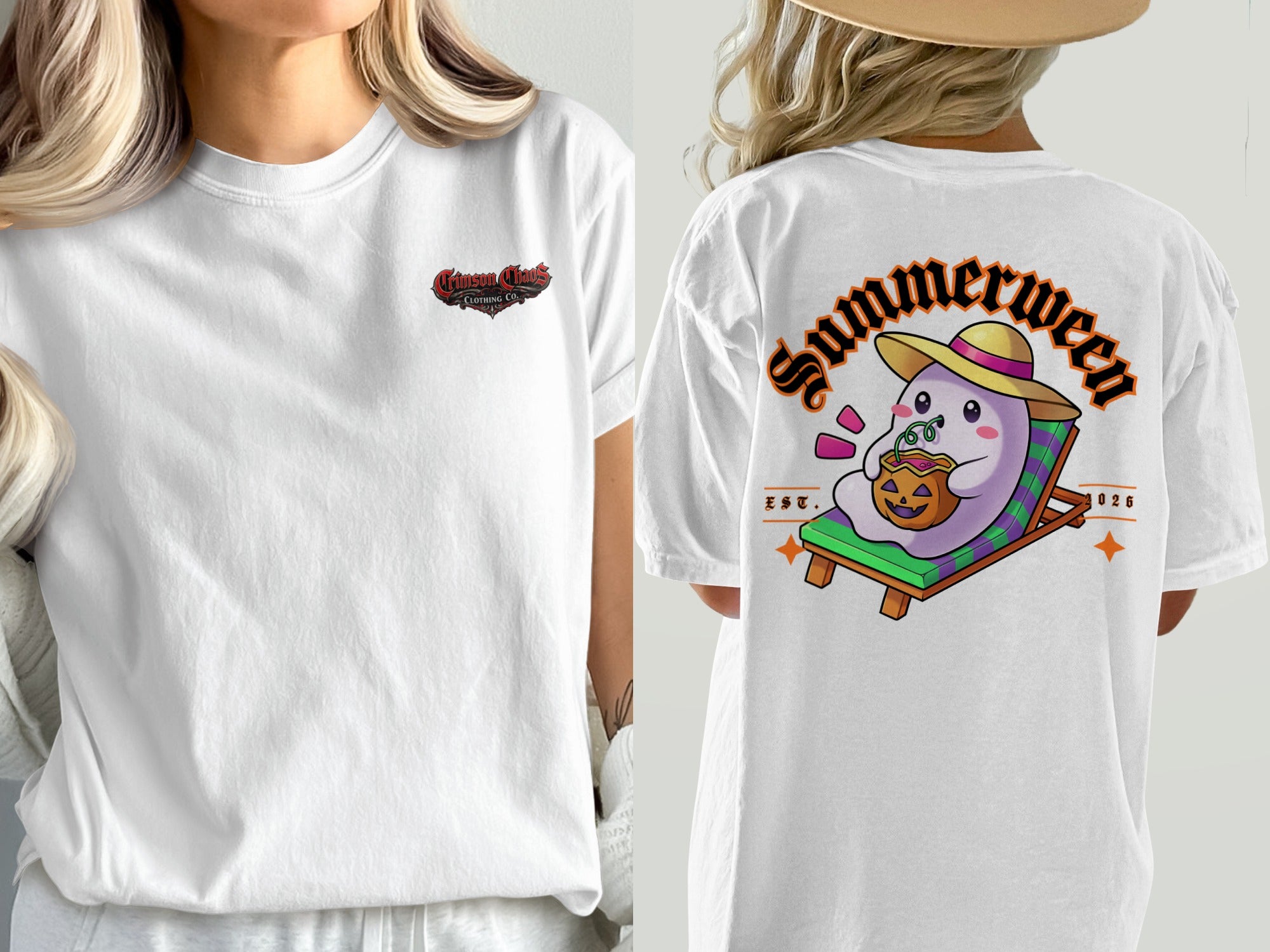 White t-shirt with Crimson Chaos Clothing Co. logo on front and ghost graphic on back.