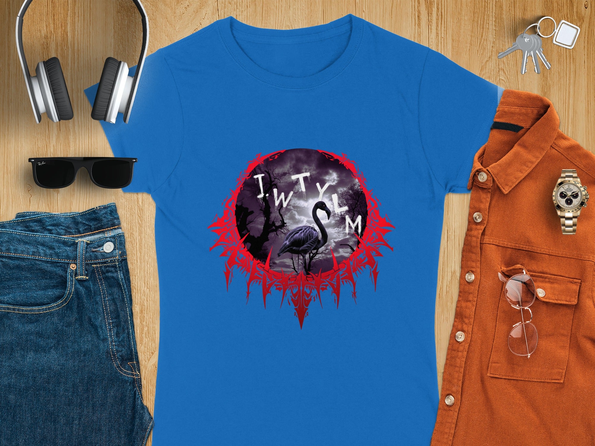 Blue T-Shirt with Colorful Goth Style Flamingo Design