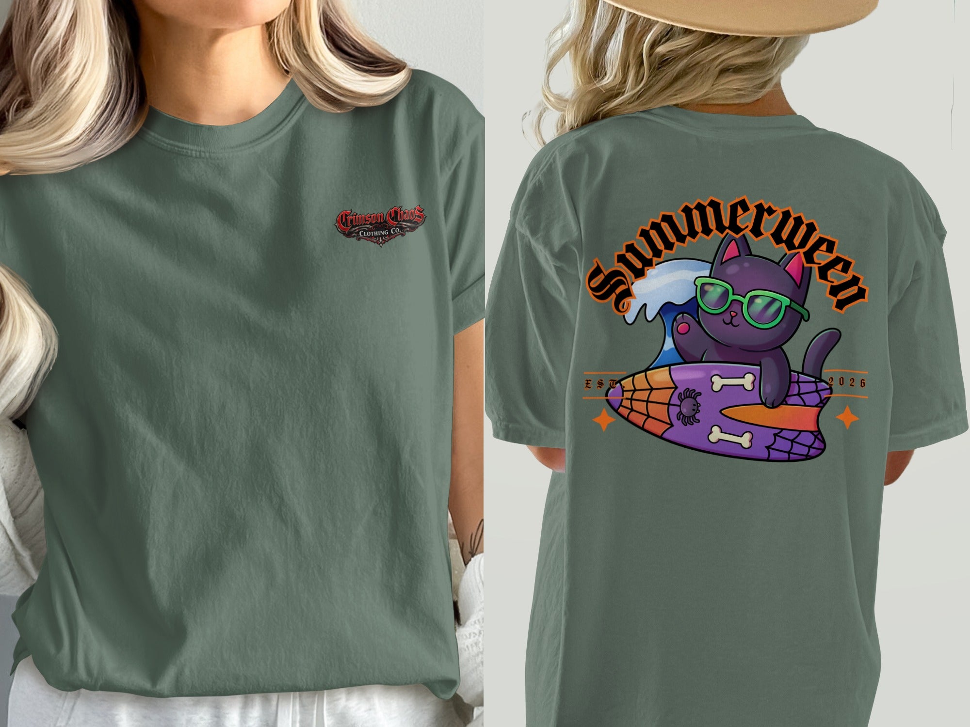 Green t-shirt with "Crimson Chaos Clothing Co." on front and cat on surfboard graphic on back.
