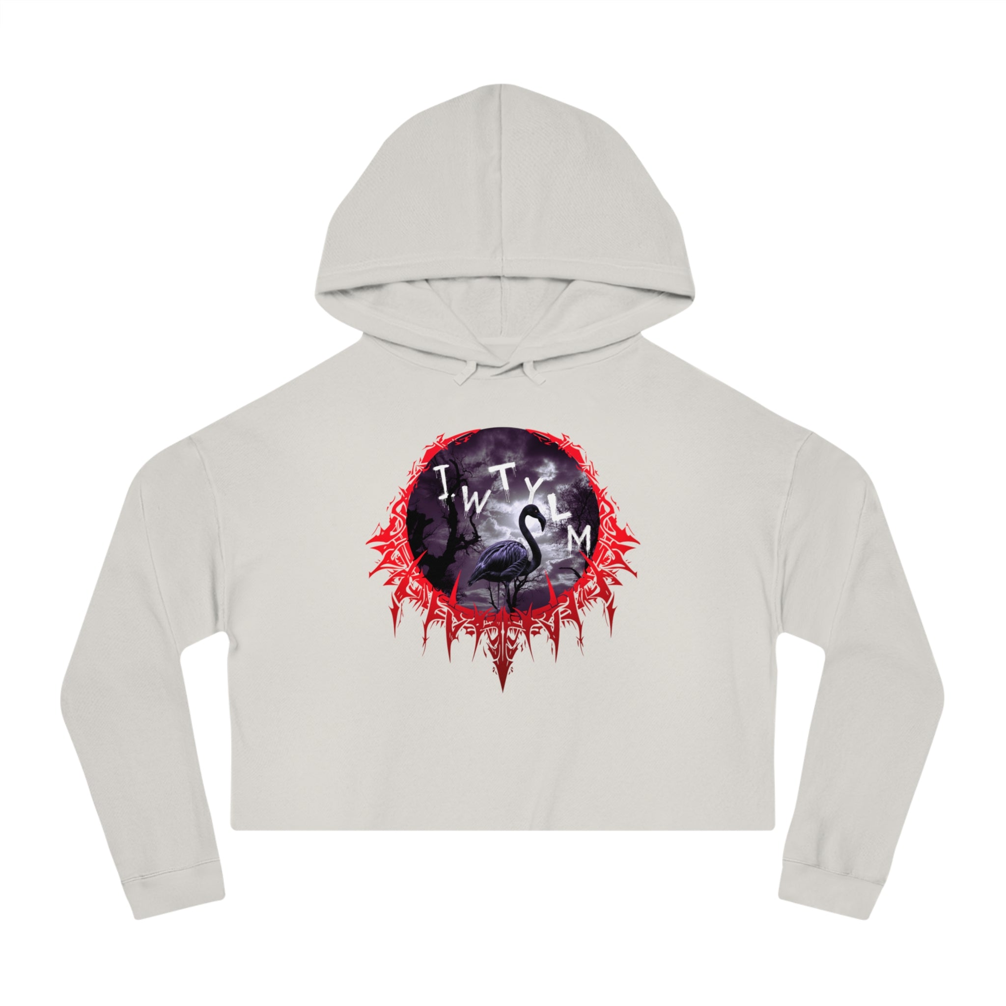 Light gray cropped hoodie with a circular graphic featuring a flamingo and the text "JWTLYM".