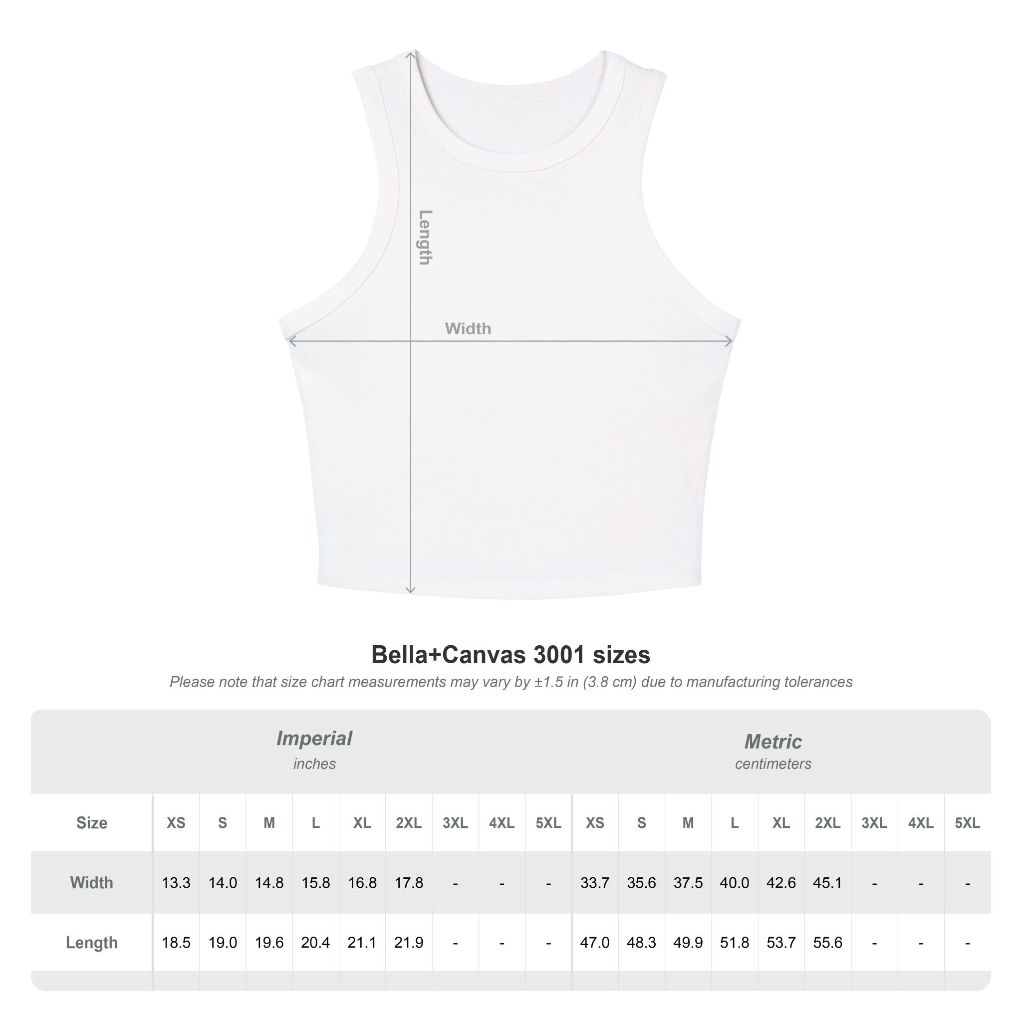 Bella+Canvas 3001 size chart with width and length measurements in inches and centimeters.