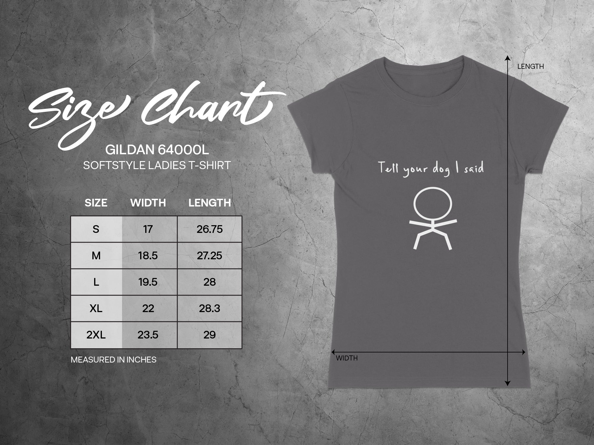 Gildan 64000L ladies t-shirt size chart with measurements.