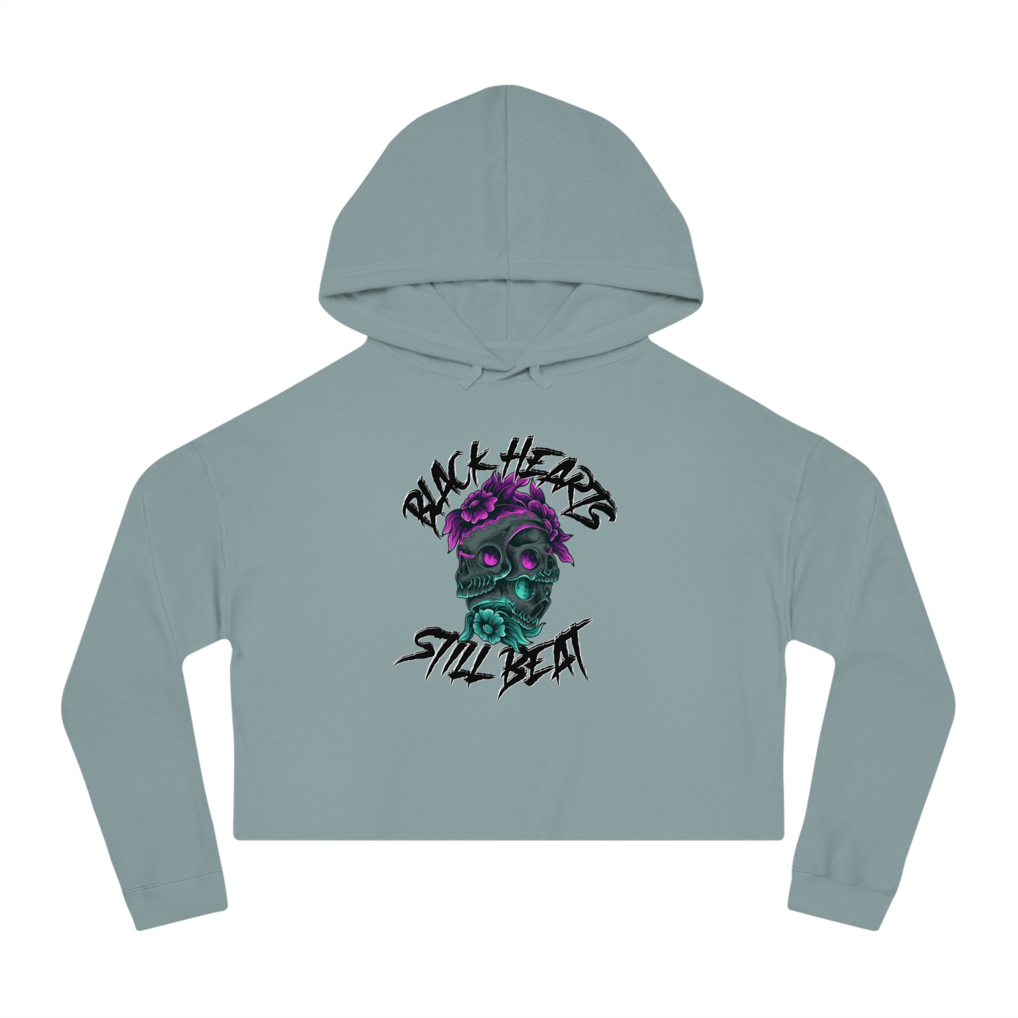 Black Hearts Still Beat cropped hoodie with floral skull graphic.