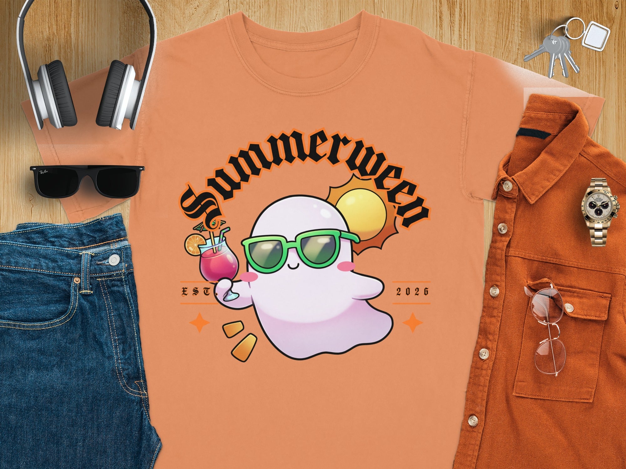 T-shirt with a white ghost wearing sunglasses, holding a drink, and text "Summerween EST. 2026".