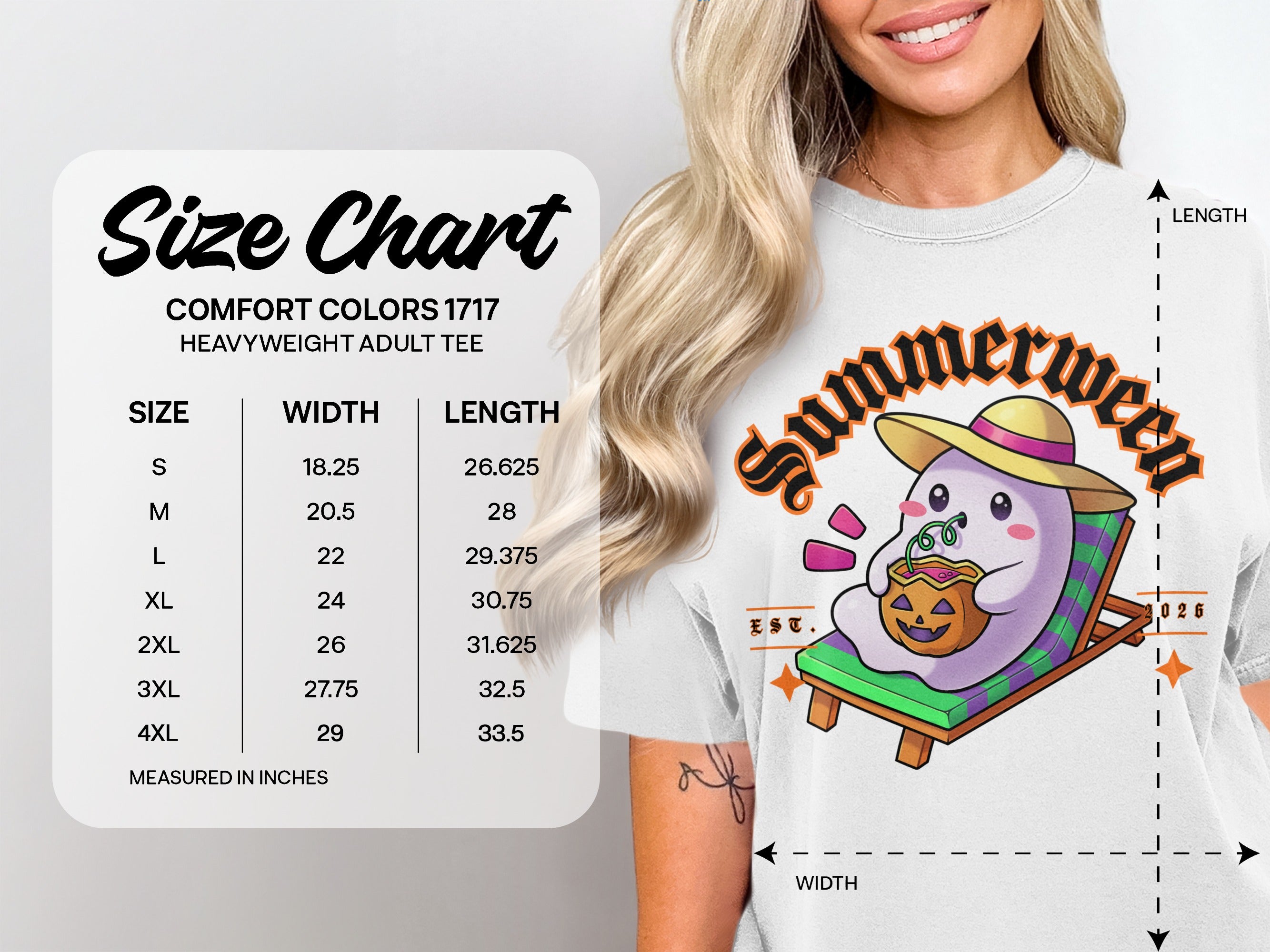 Comfort Colors 1717 heavyweight adult tee size chart with measurements in inches.