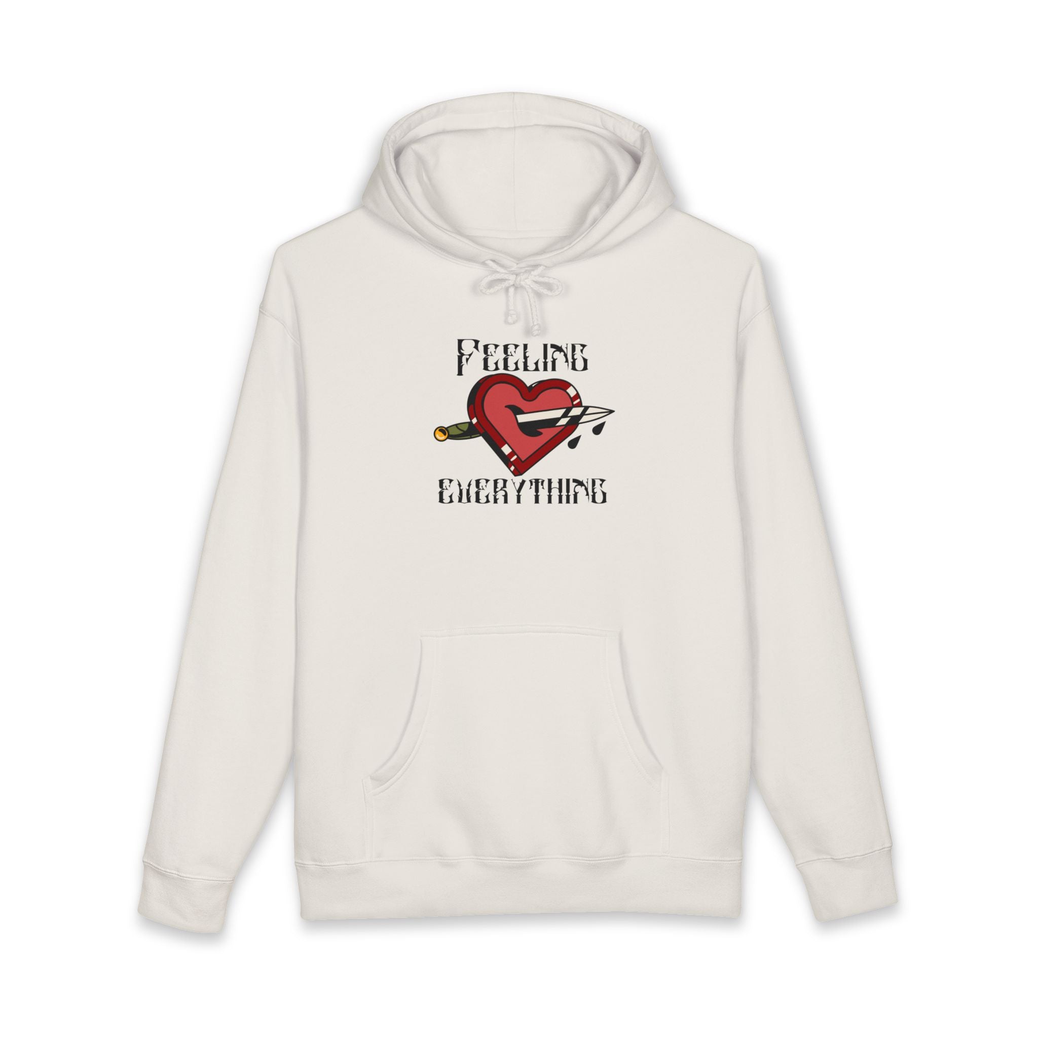 White hoodie with a red heart pierced by a dagger and text.
