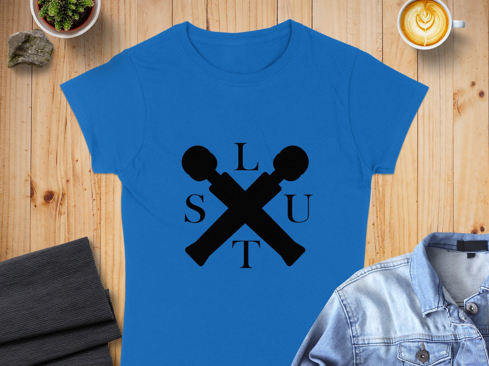 Blue Shirt with Black L S T U Graphic Design Product