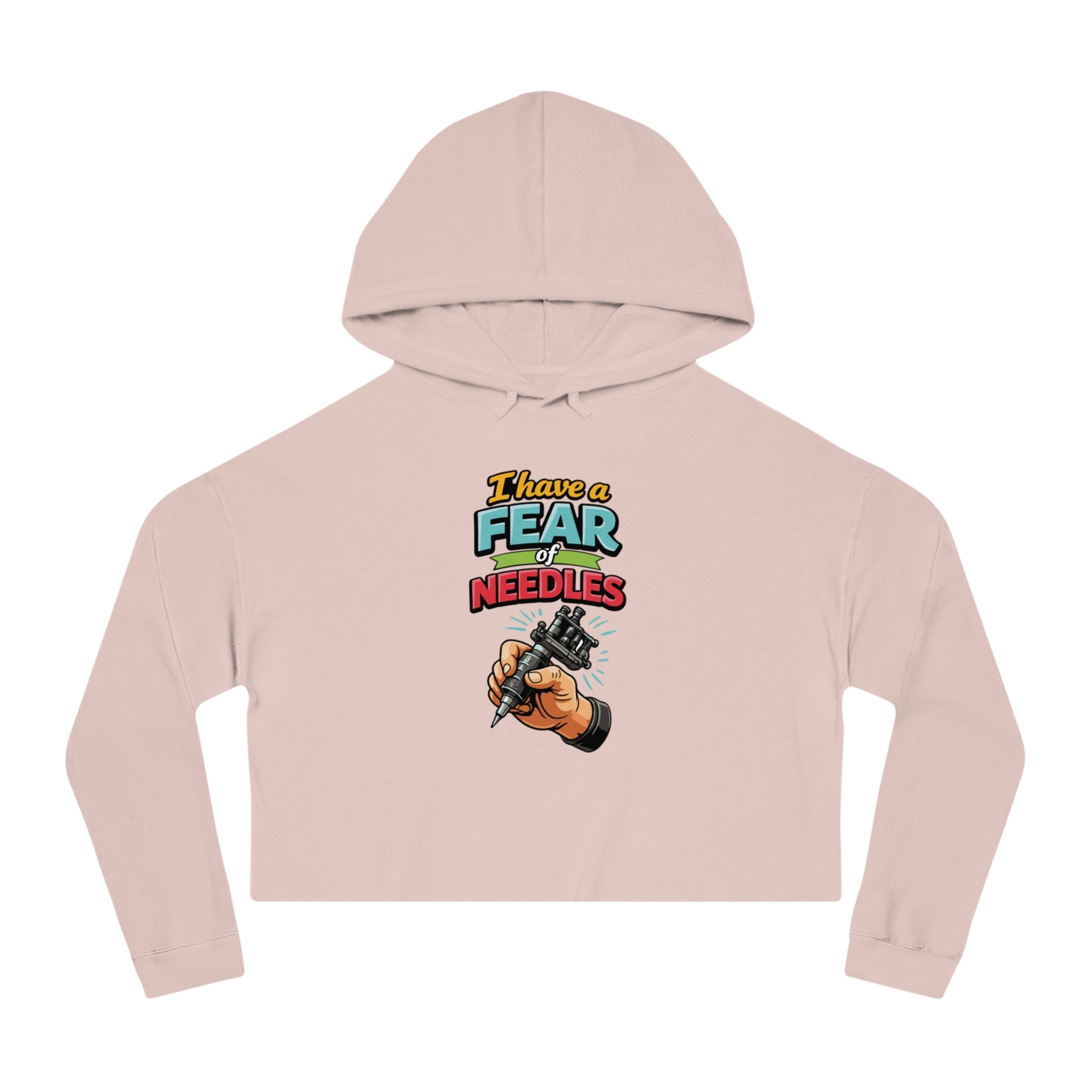 Pink cropped hoodie with a tattoo gun and "I have a fear of needles" text.