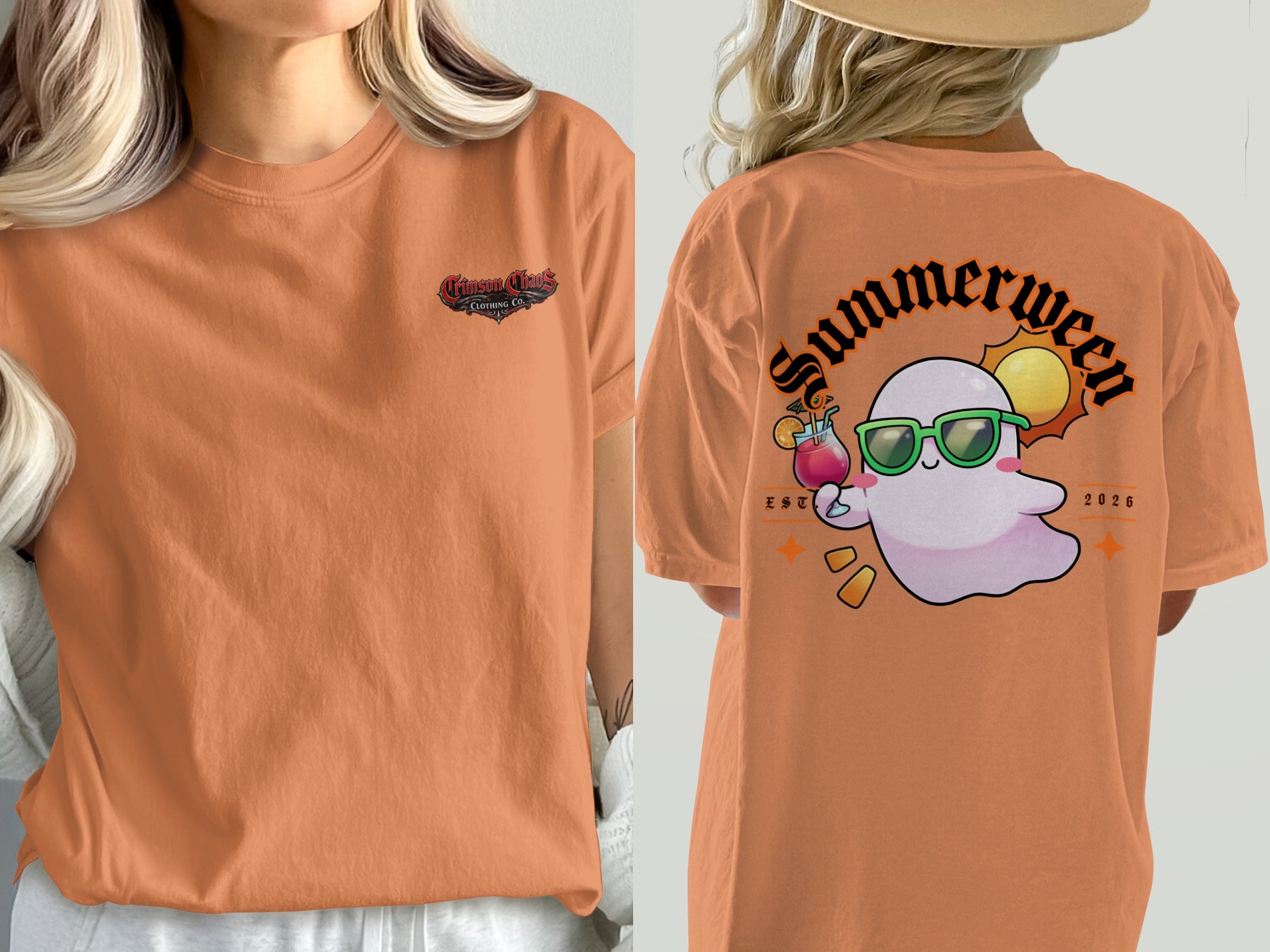 Orange t-shirt with Crimson Chaos logo on front and a ghost with sunglasses on back.