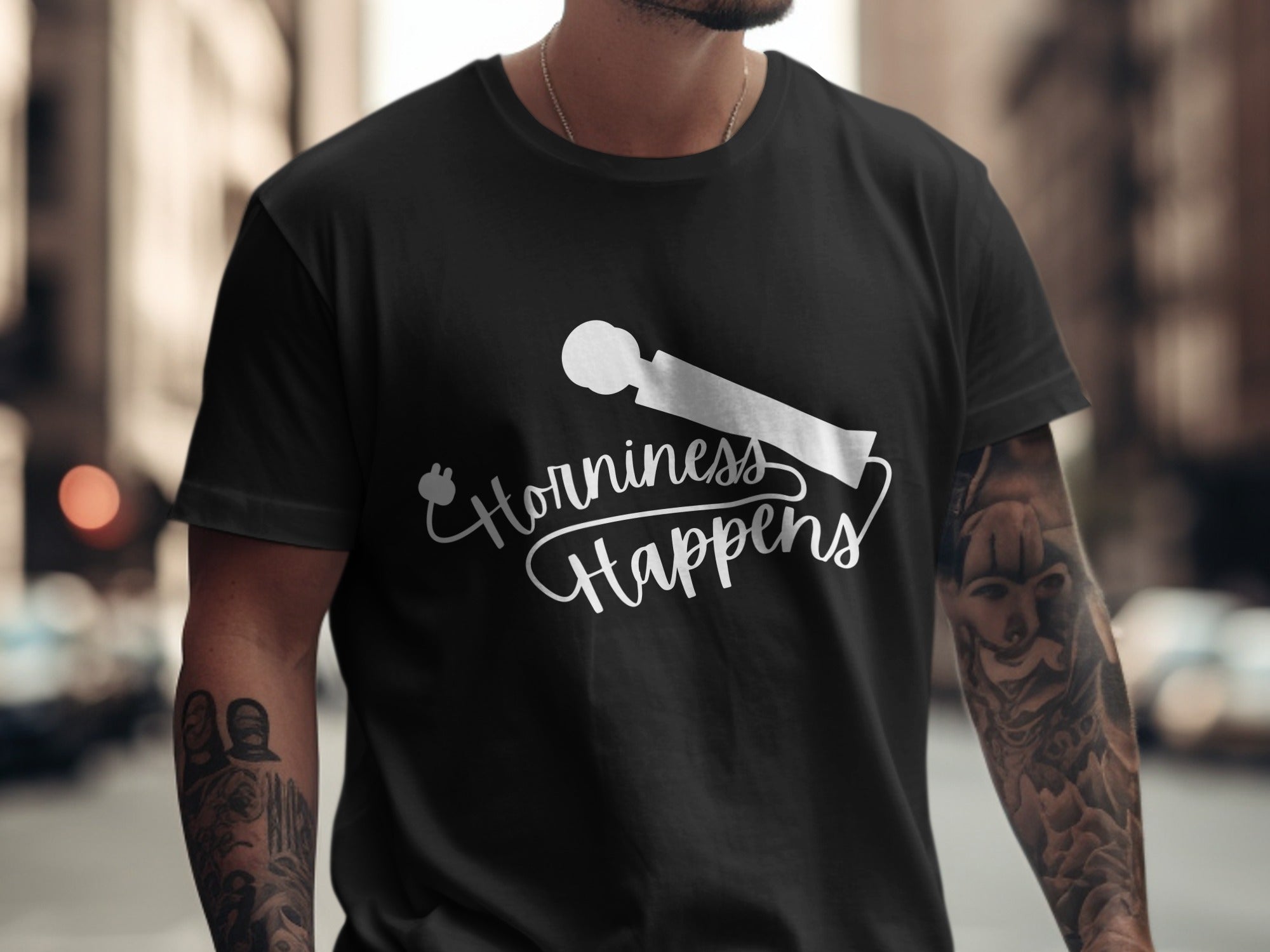 Horniness Happens Lettering on Black Shirt