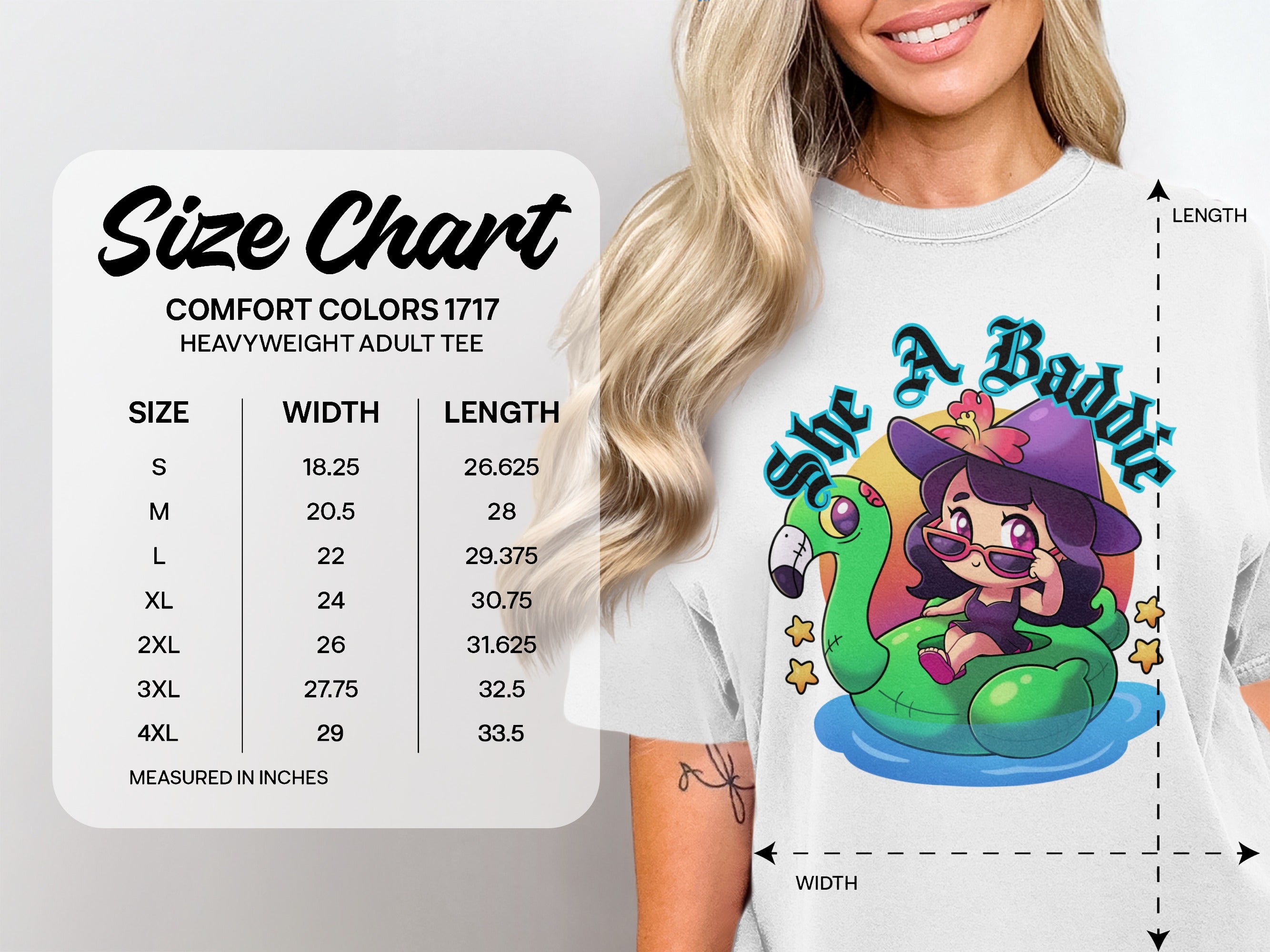Comfort Colors 1717 heavyweight adult tee size chart with width and length measurements.