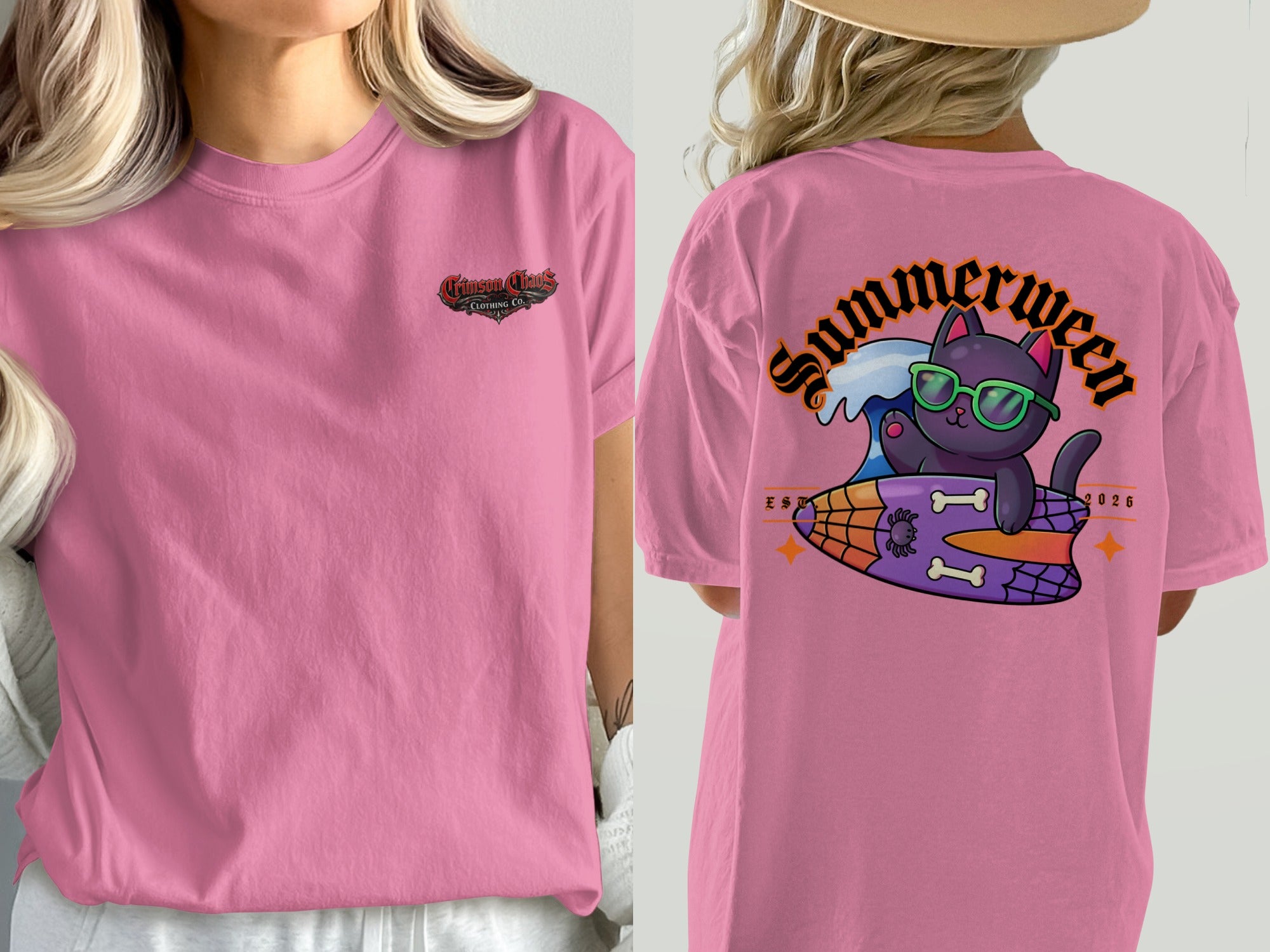 Pink t-shirt with a cat on a surfboard graphic and "Summerween" text.