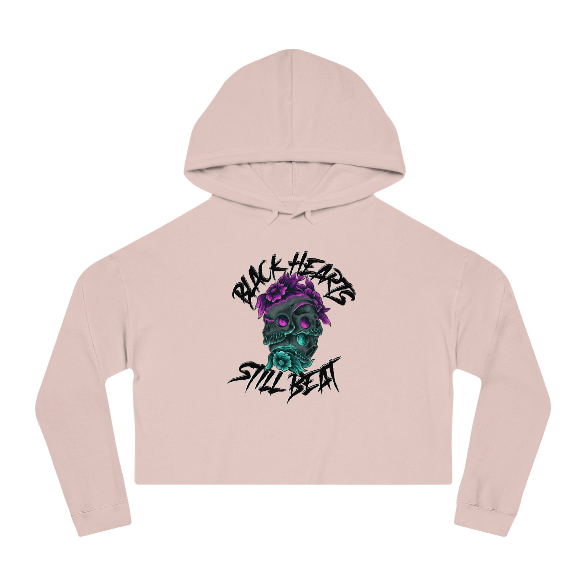 Cropped hoodie with skull graphic and "Black Hearts Still Beat" text.