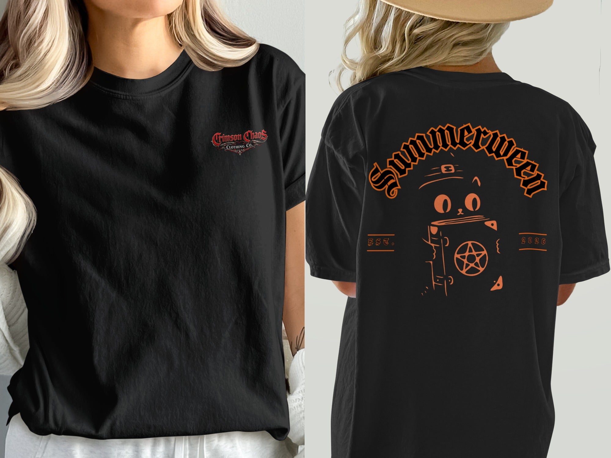 Black t-shirt with "Crimson Chaos Clothing Co." on front and "Summerween" with a cat and pentagram on back.