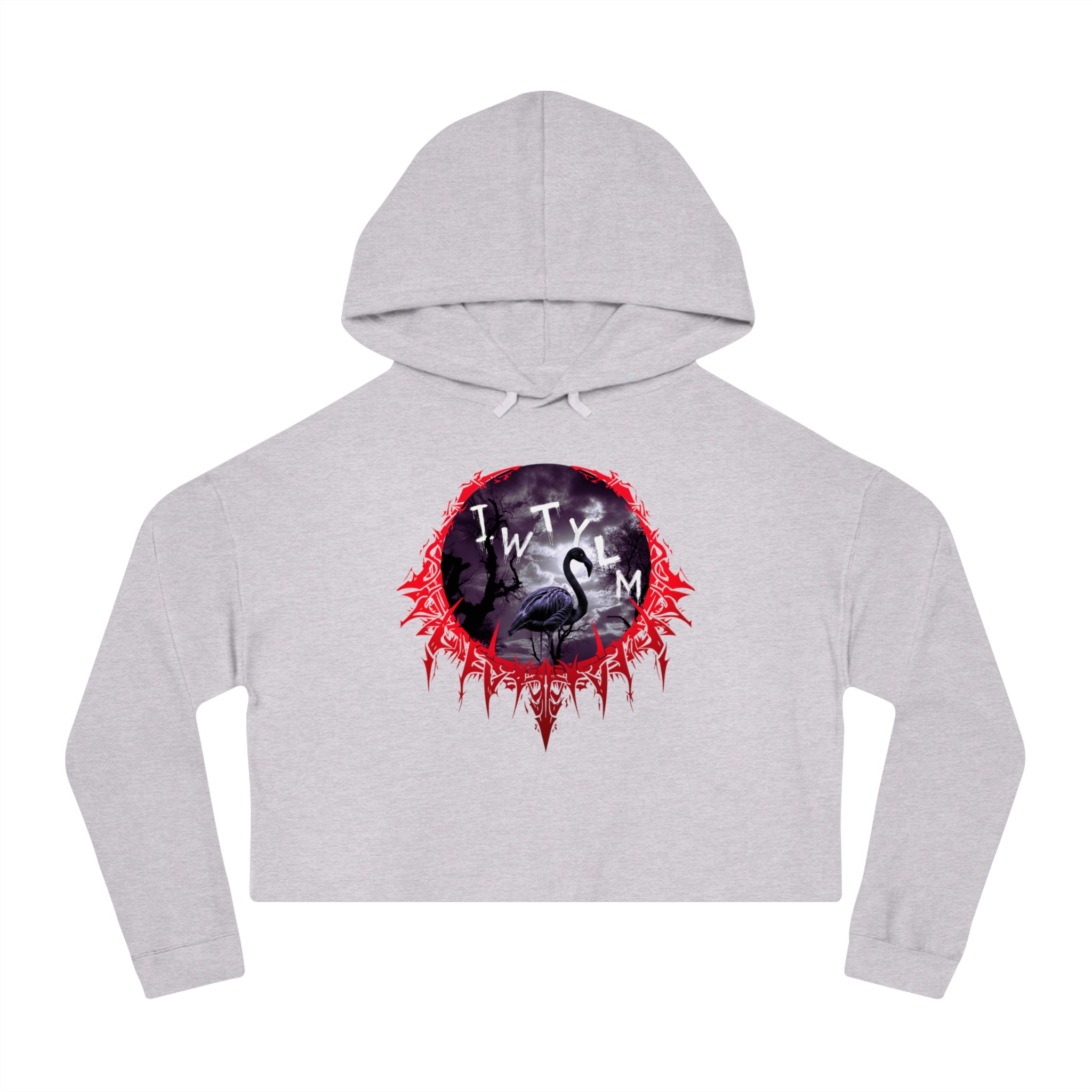 Light gray cropped hoodie with red and black circular graphic featuring "IWTYLM" and a flamingo.