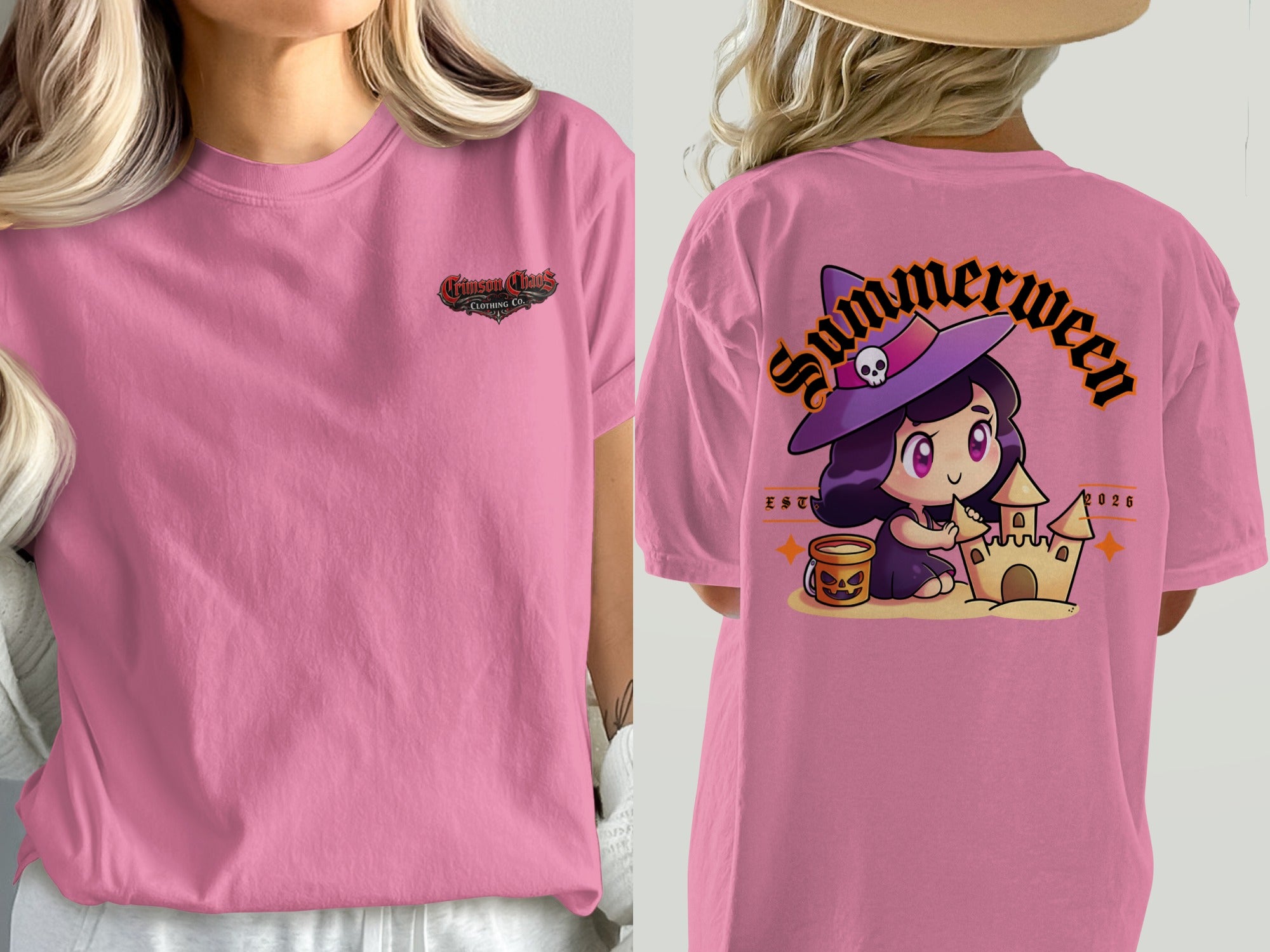 Pink t-shirt with small logo on front and cartoon witch building sandcastle on back.