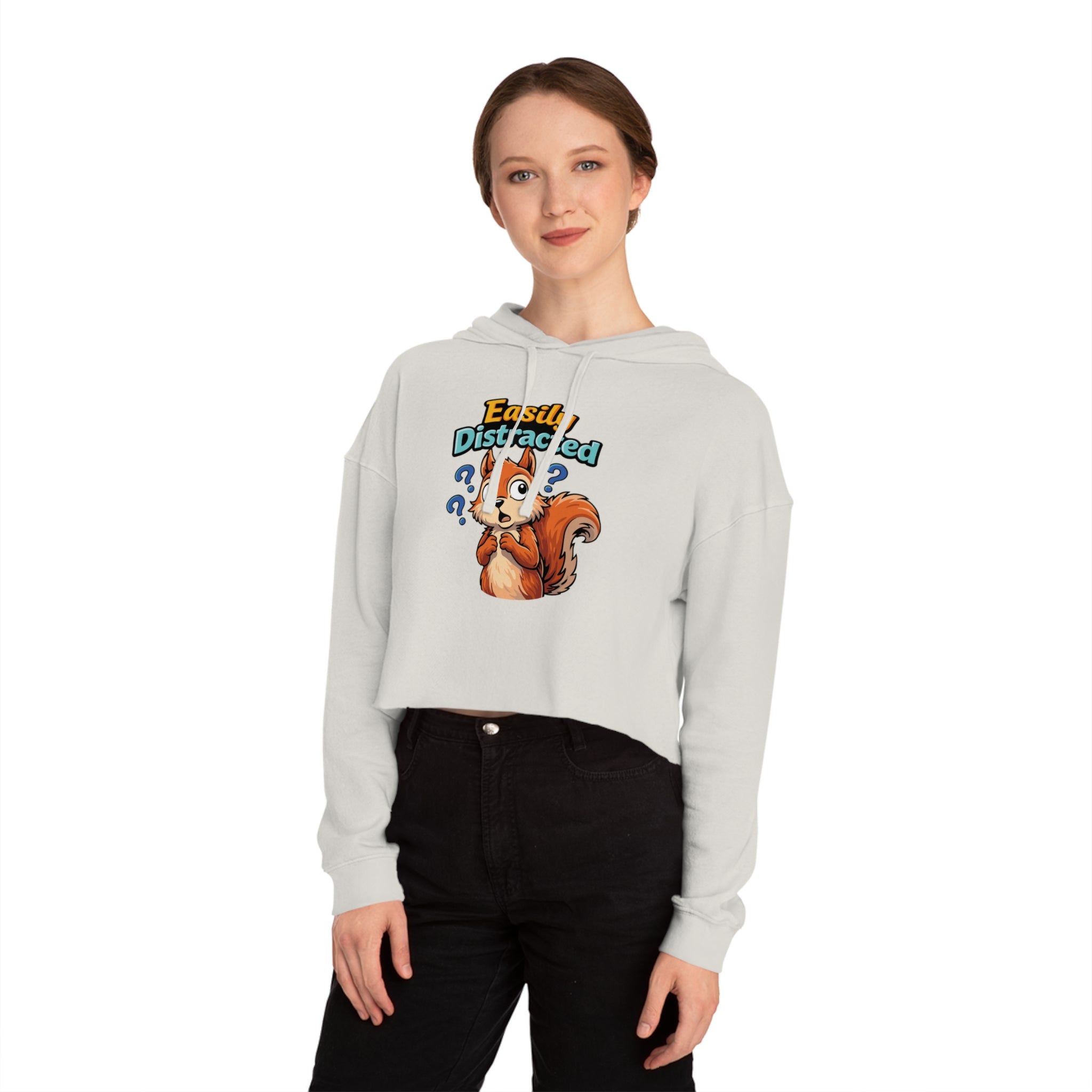 Cropped hoodie with cartoon squirrel and "Easily Distracted" text.