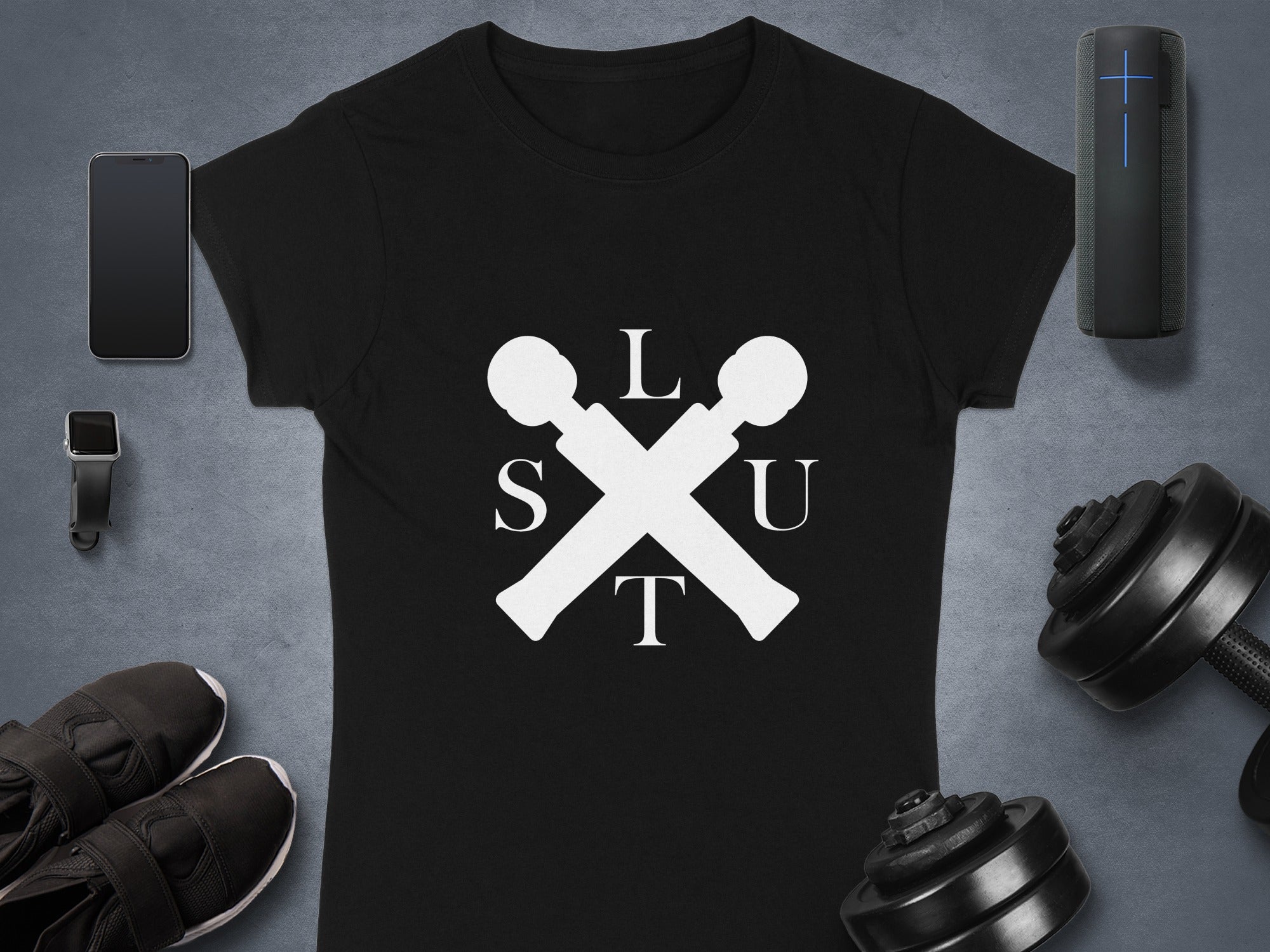 SLUT Black T-Shirt with Crossed Baton Design