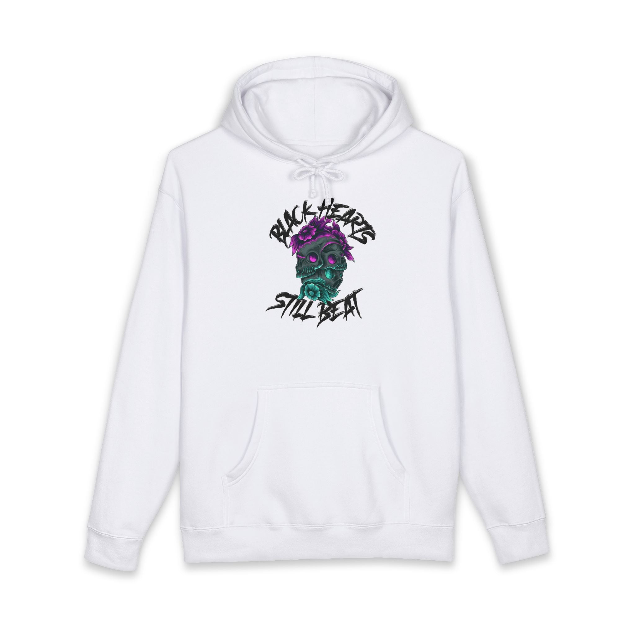White hoodie with "Black Hearts Still Beat" text and skull graphic.