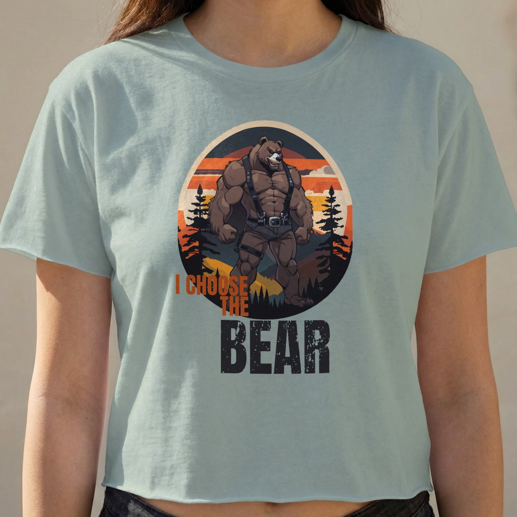 Muscular bear character in vintage circle graphic with text "I CHOOSE THE BEAR".