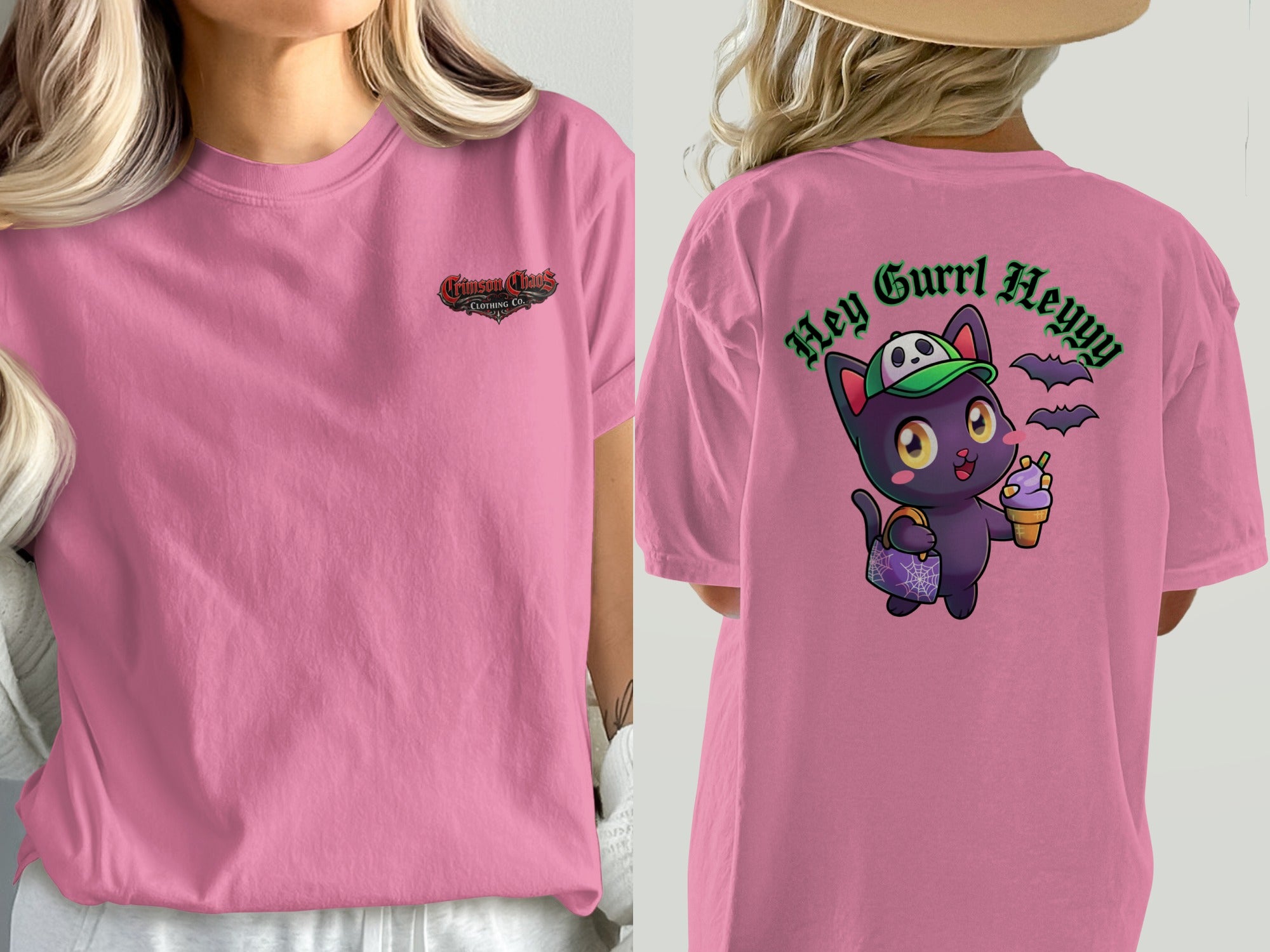 Pink t-shirt with "Crimson Chaos Clothing Co." on front and cartoon cat with "Hey Gurrl Heyyy" on back.