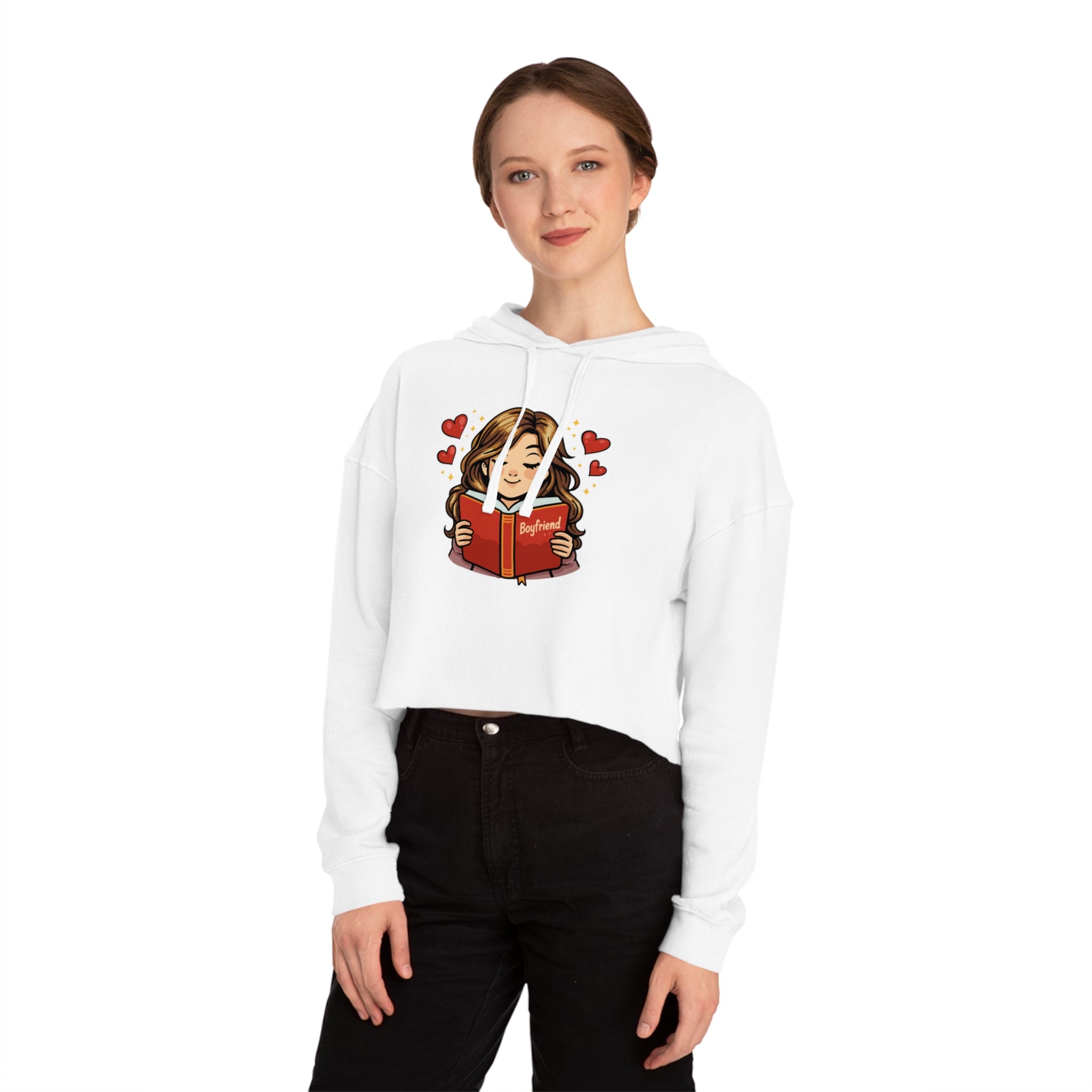 Girl in cropped hoodie reading a book titled "Boyfriend" surrounded by hearts.