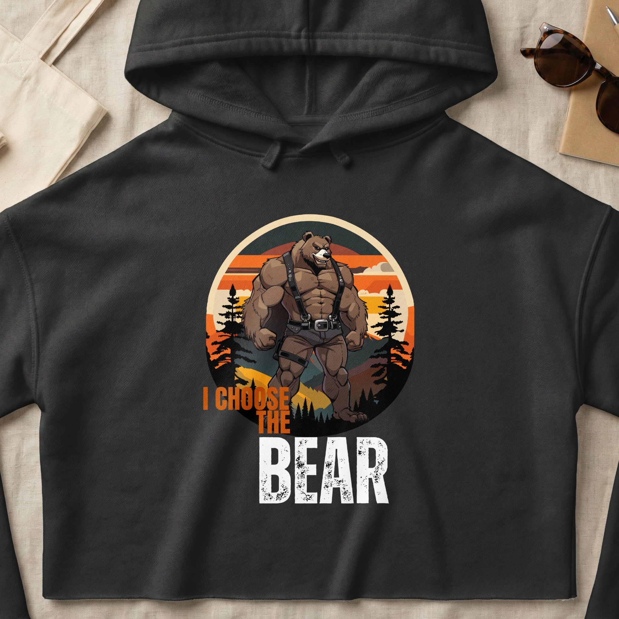 Black hoodie with muscular bear illustration and text "I CHOOSE THE BEAR".