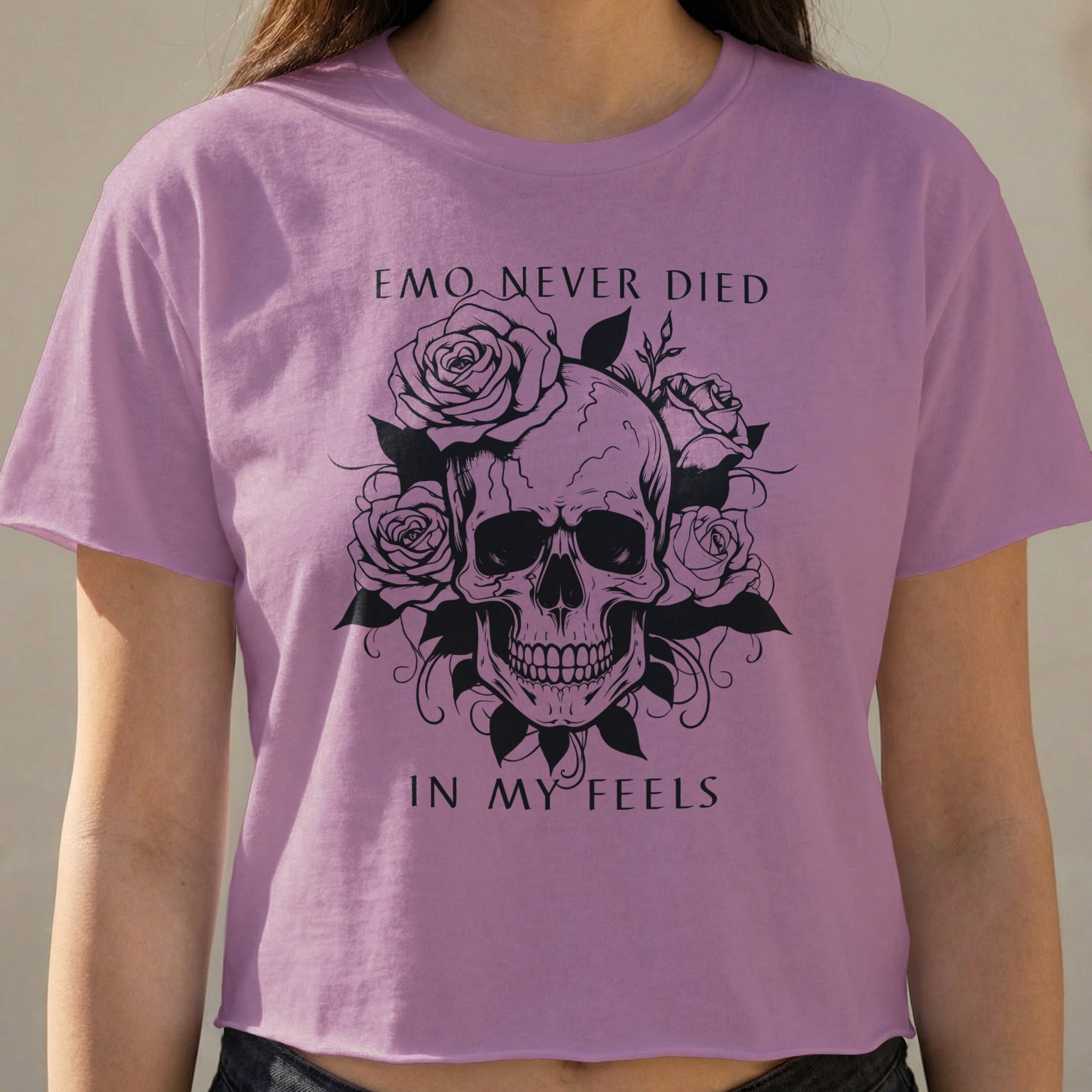 Purple t-shirt with skull and roses design, "Emo Never Died In My Feels".