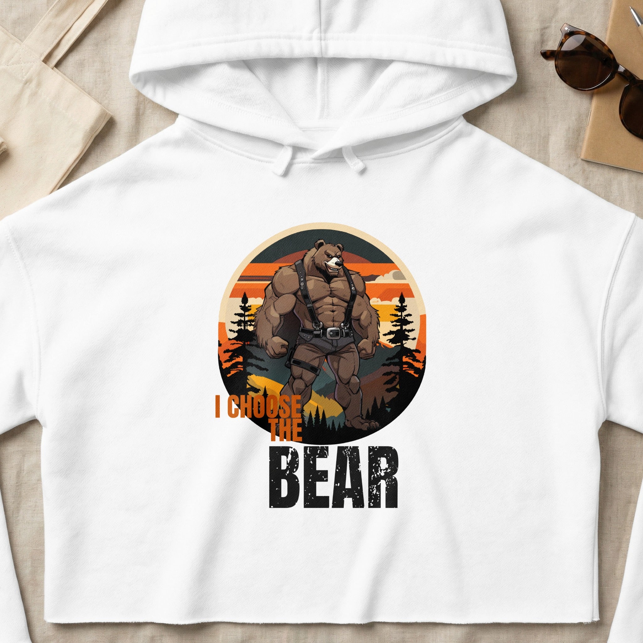 Graphic of a muscular bear wearing a harness with text "I CHOOSE THE BEAR".