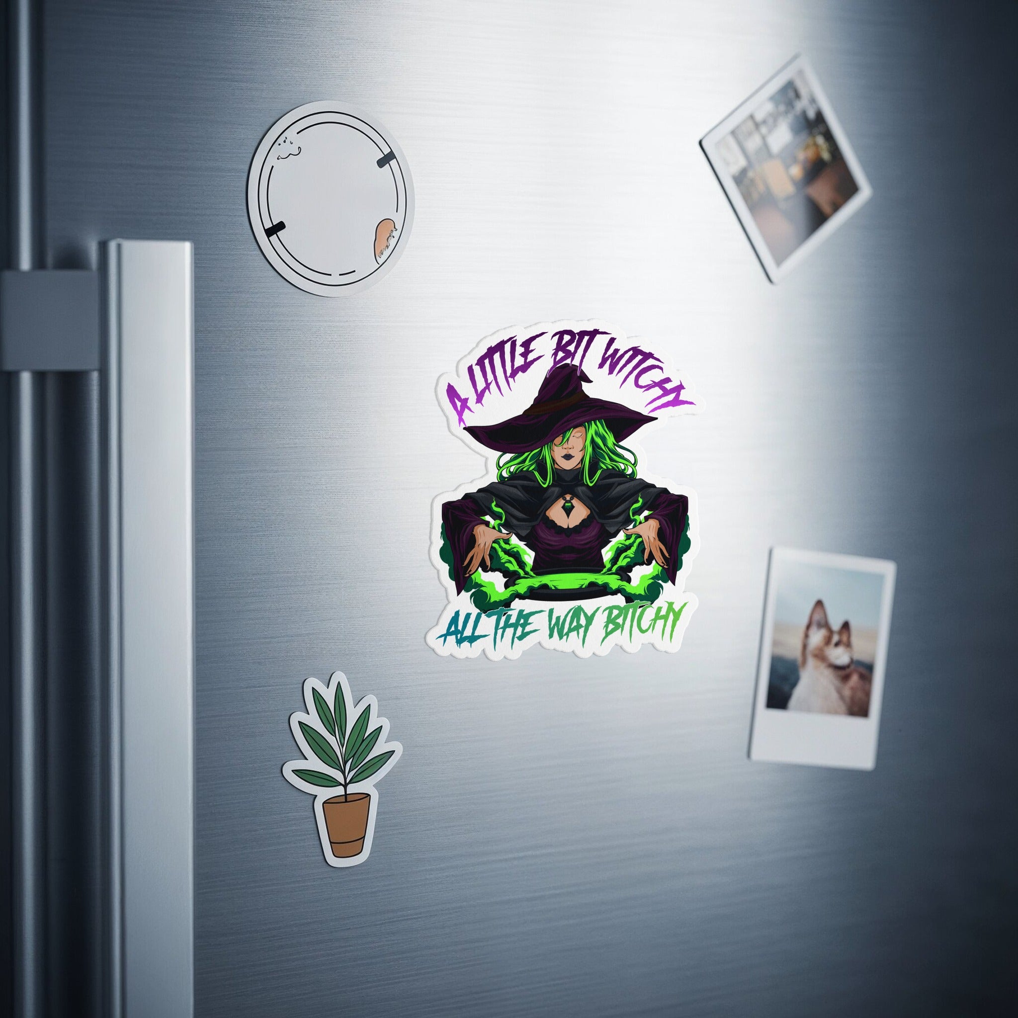 Sticker with a witch saying "A little bit witchy all the way bitchy".